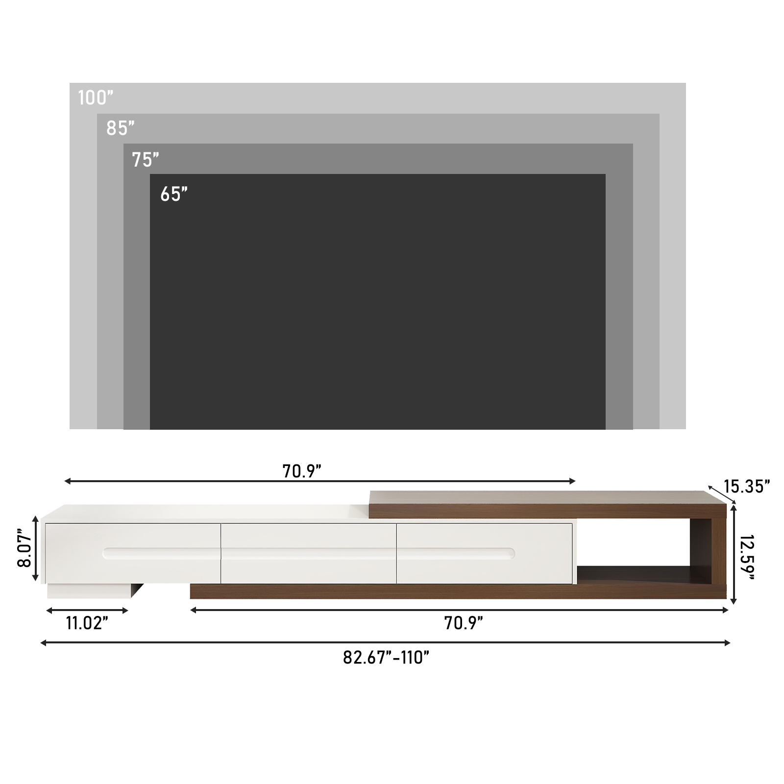 Extendable TV Stand Cabinet for TVs up to 100-inch, Modern Entertainment Center & Media Console with Drawers, Length Adjustable TV Console for Living Room, Black