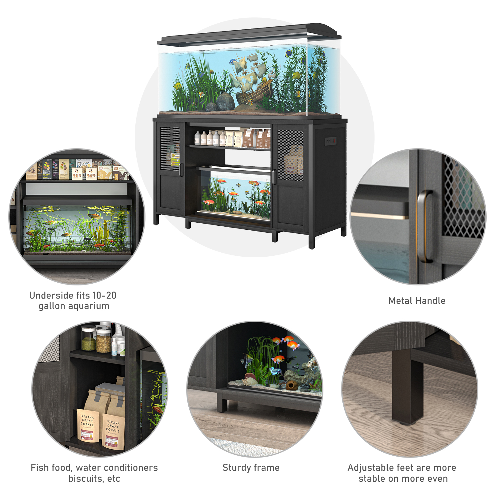 55-75 Gallon Fish Tank Stand with Power Outlets, Heavy Duty Metal Aquarium Stand for 2 Fish Tank Accessories Storage, Suit for Turtle Tank, Reptile Terrarium, 880lbs Capacity, Black