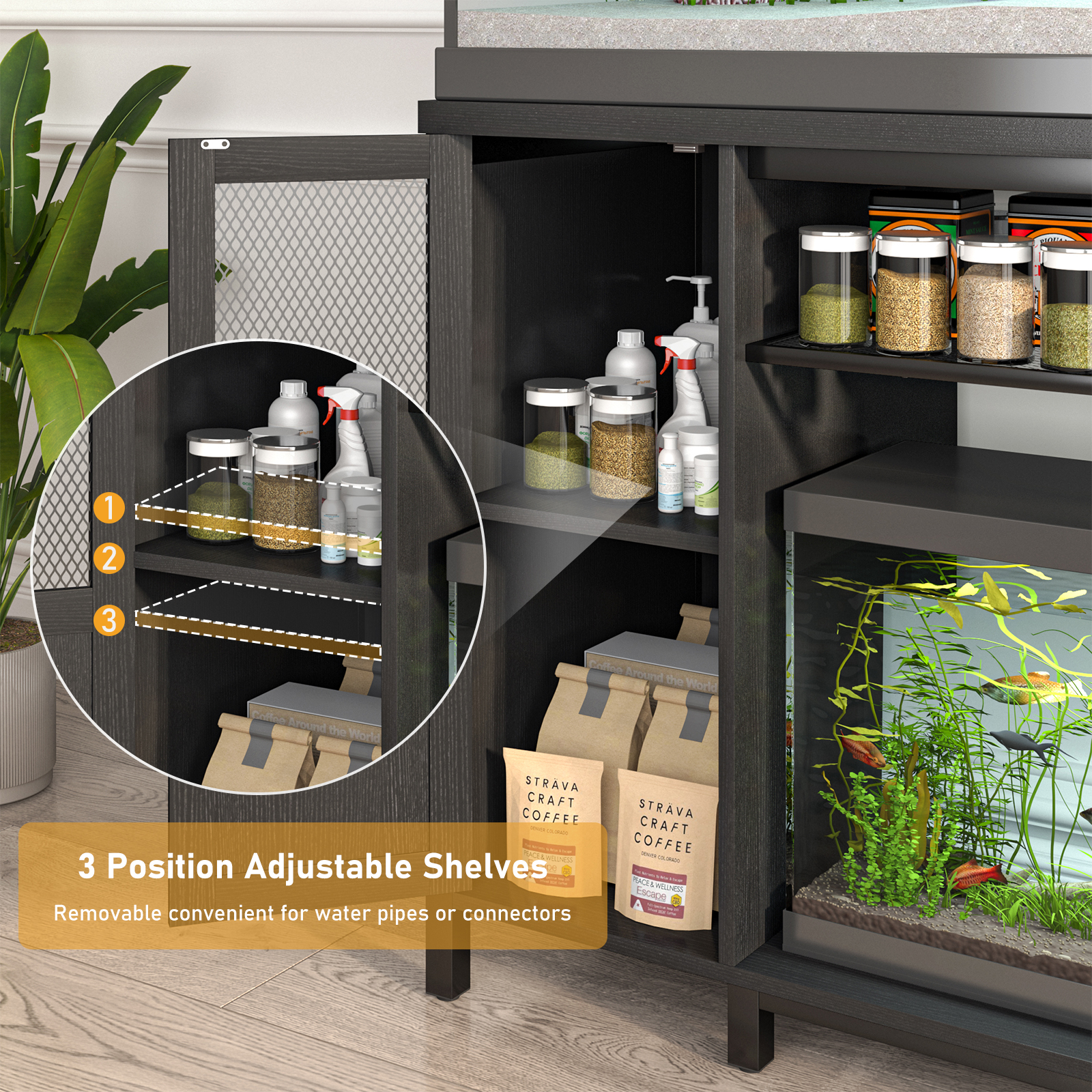 55-75 Gallon Fish Tank Stand with Power Outlets, Heavy Duty Metal Aquarium Stand for 2 Fish Tank Accessories Storage, Suit for Turtle Tank, Reptile Terrarium, 880lbs Capacity, Black