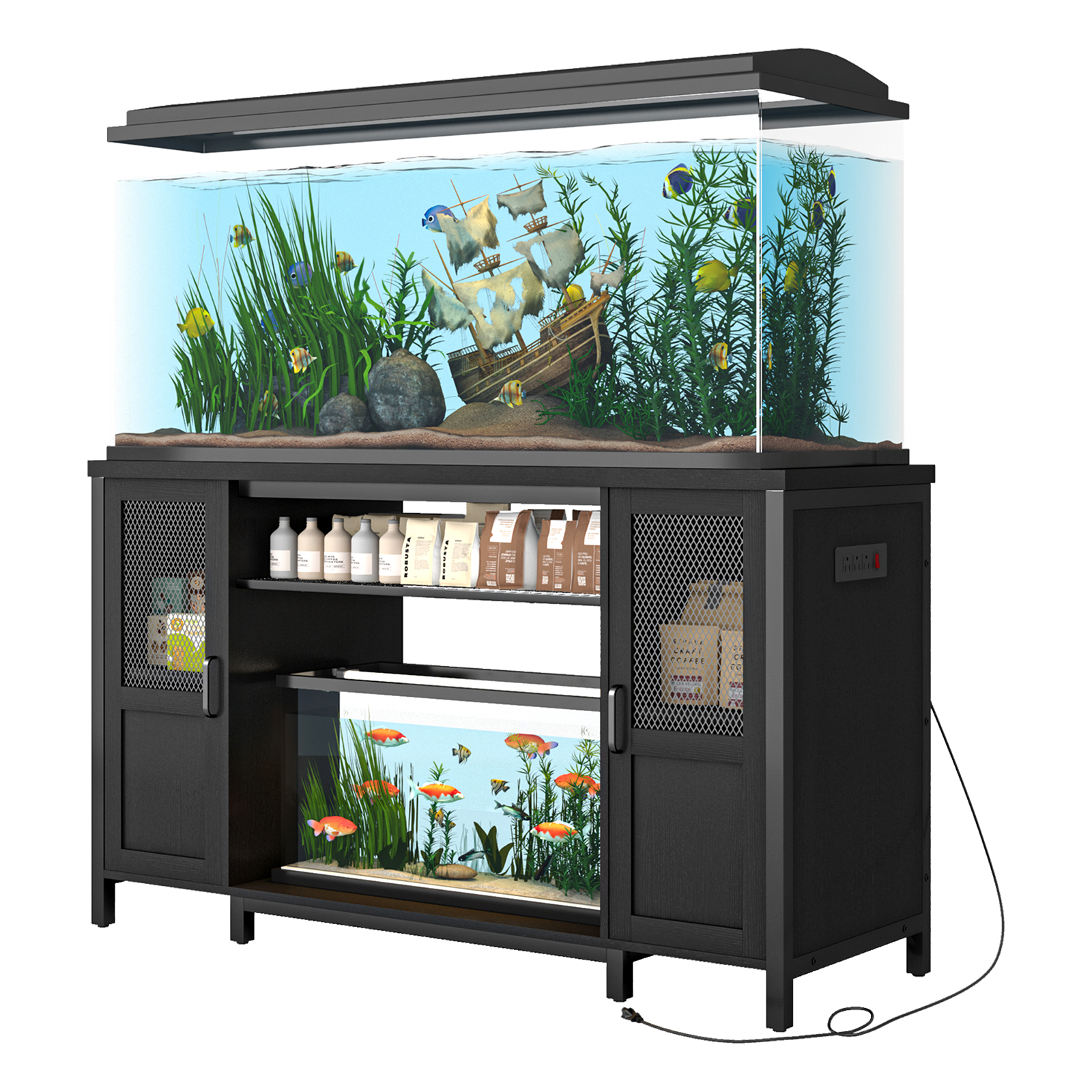 55-75 Gallon Fish Tank Stand with Power Outlets, Heavy Duty Metal Aquarium Stand for 2 Fish Tank Accessories Storage, Suit for Turtle Tank, Reptile Terrarium, 880lbs Capacity, Black
