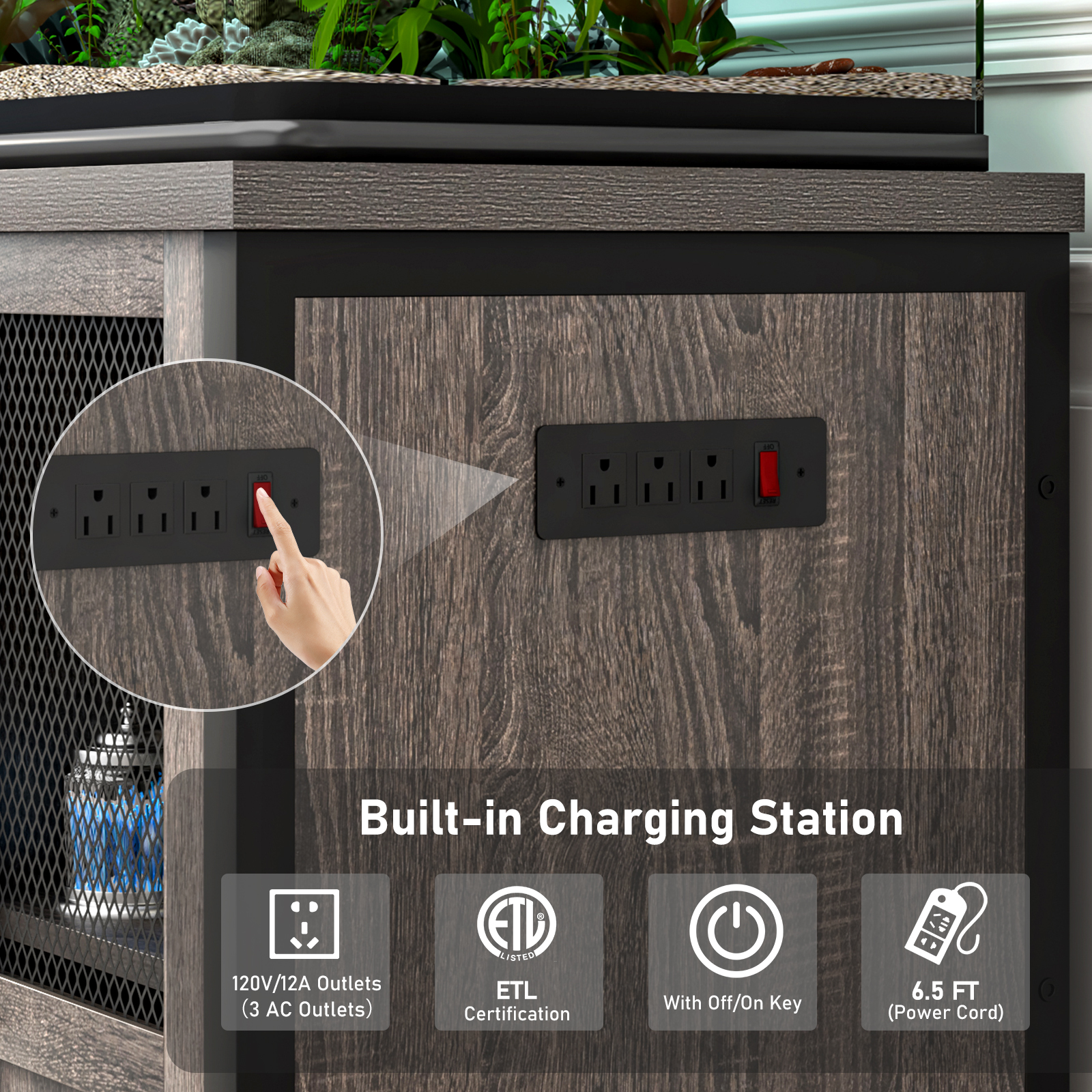 55-75 Gallon Fish Tank Stand with Power Outlets, Heavy Duty Metal Aquarium Stand for 2 Fish Tank Accessories Storage, Suit for Turtle Tank, Reptile Terrarium, 880lbs Capacity, Black