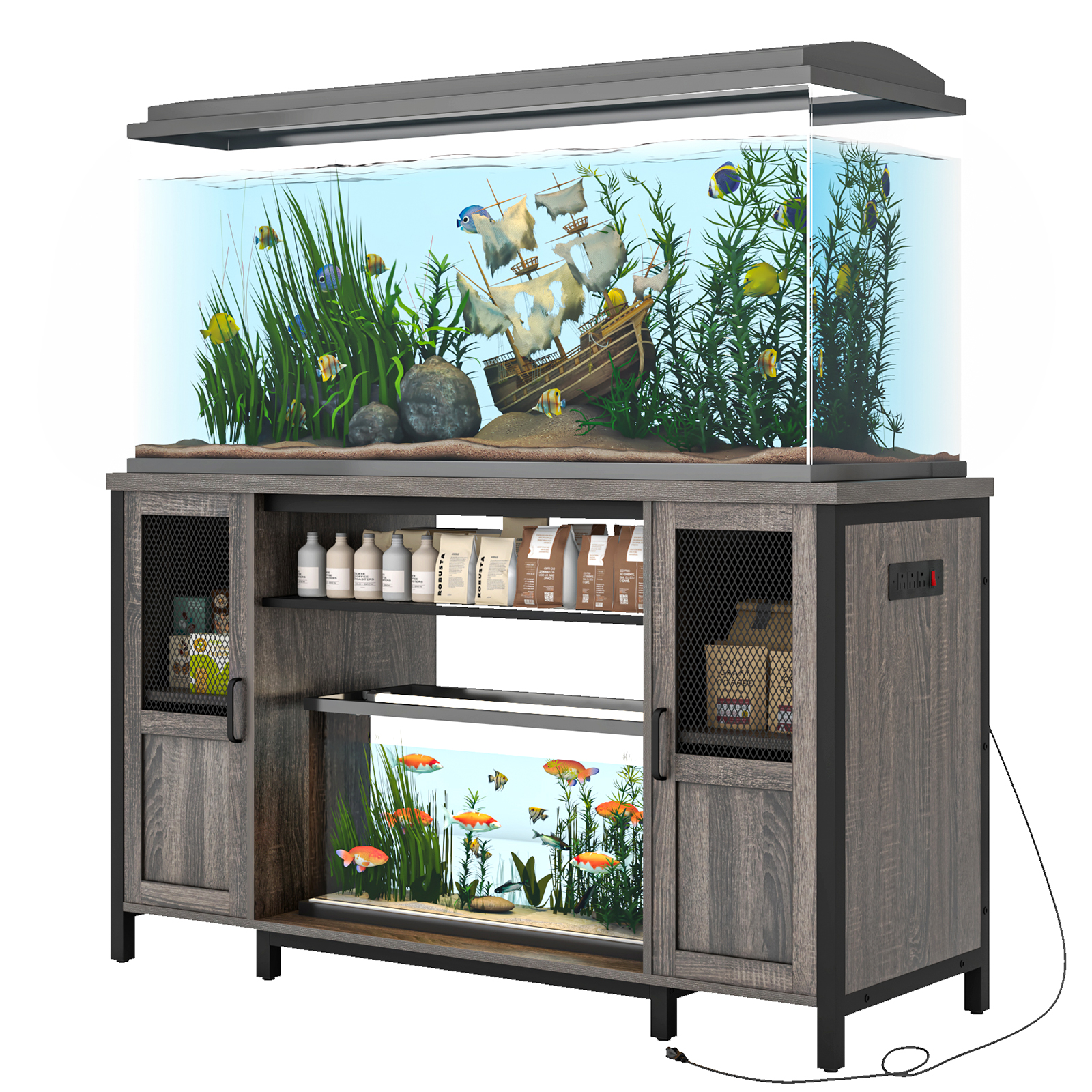 55-75 Gallon Fish Tank Stand with Power Outlets, Heavy Duty Metal Aquarium Stand for 2 Fish Tank Accessories Storage, Suit for Turtle Tank, Reptile Terrarium, 880lbs Capacity, Black