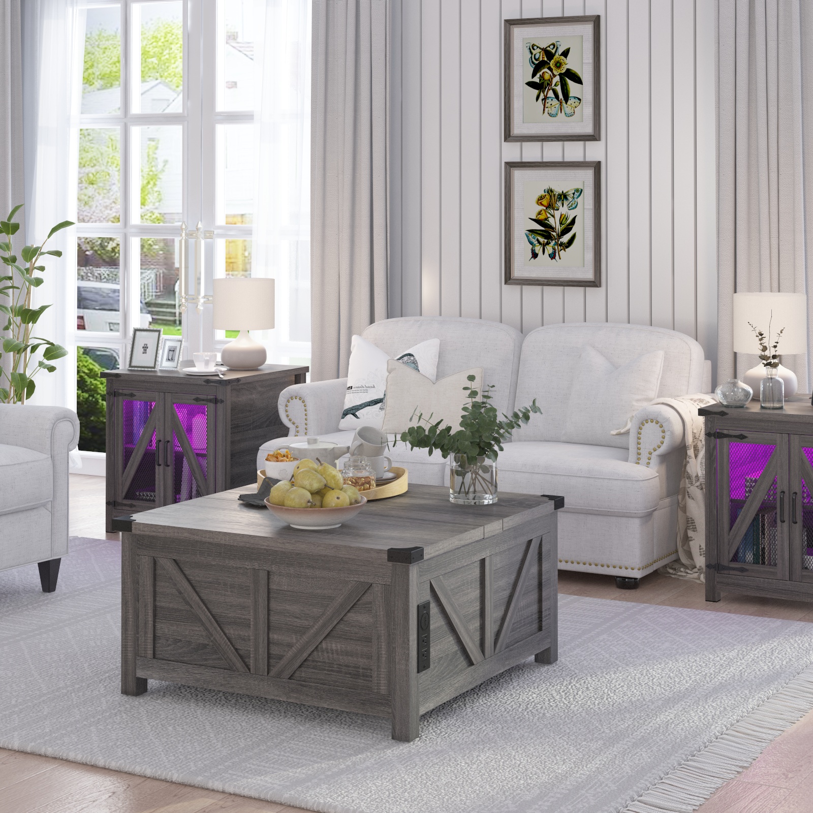 Farmhouse End Table with Charging Station, Side Table with Mesh Door & Adjustable  Storage Shelf Nightstand with Wood Tabletop, White,