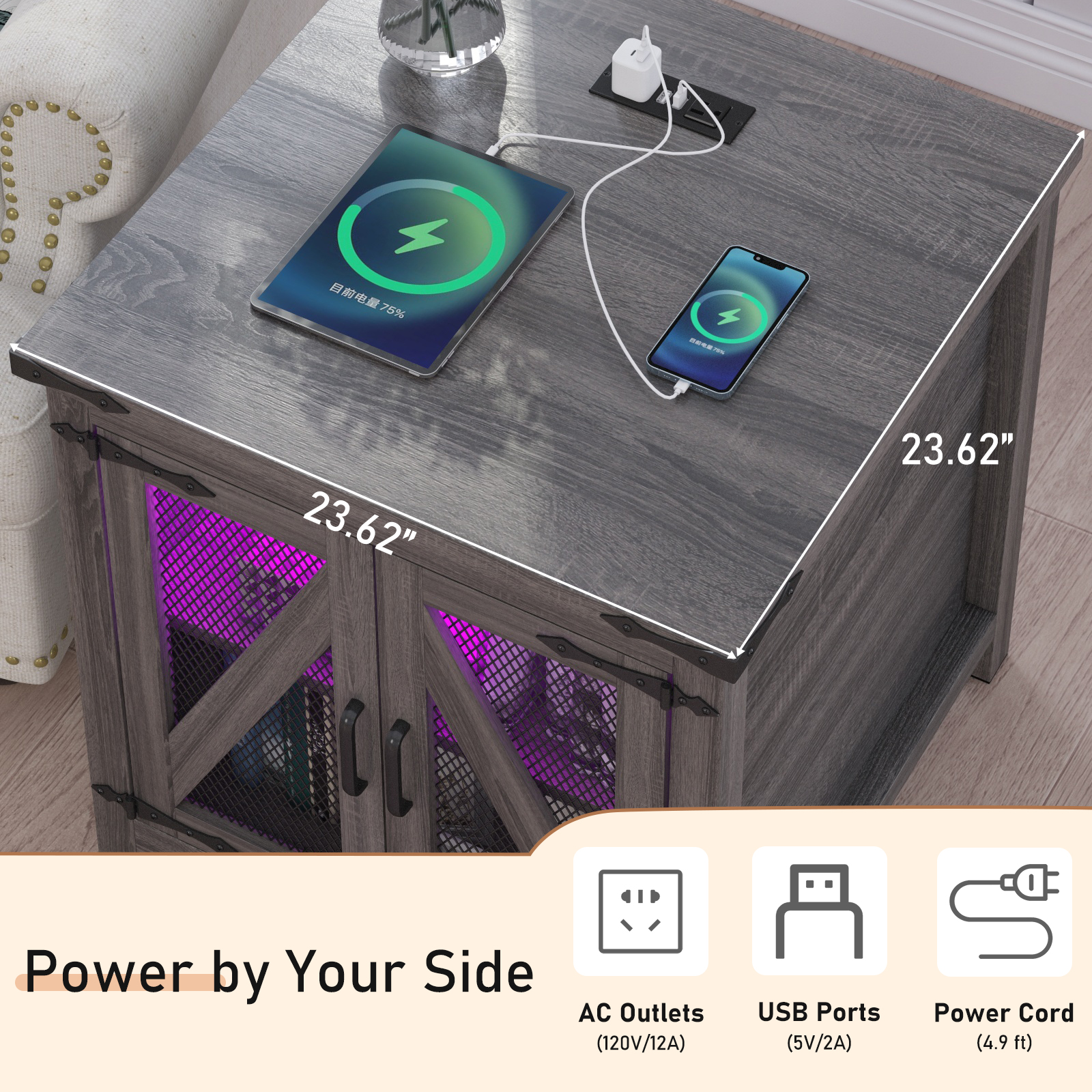 Farmhouse End Table with Charging Station, Side Table with Mesh Door & Adjustable  Storage Shelf Nightstand with Wood Tabletop, White,