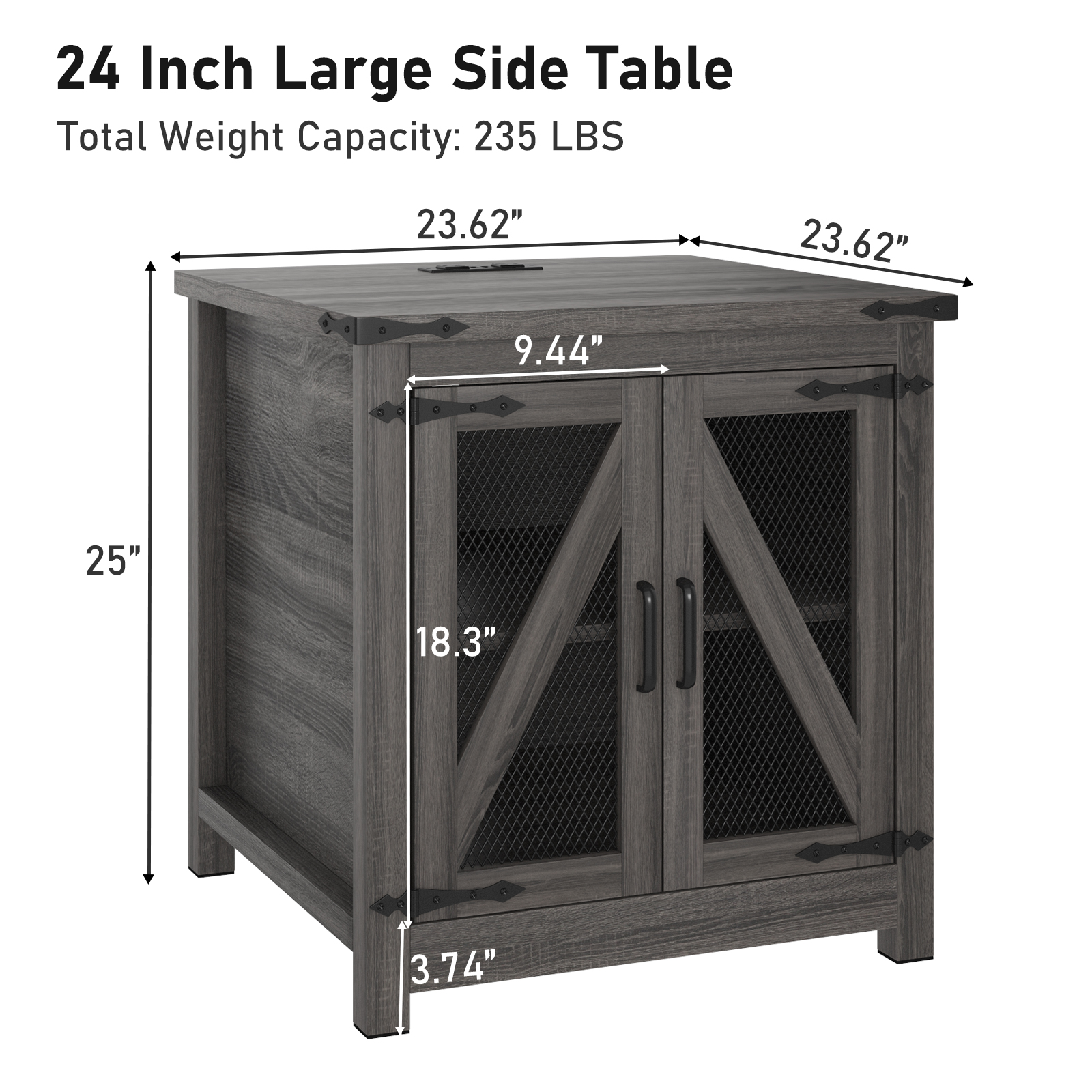 Farmhouse End Table with Charging Station, Side Table with Mesh Door & Adjustable  Storage Shelf Nightstand with Wood Tabletop, White,