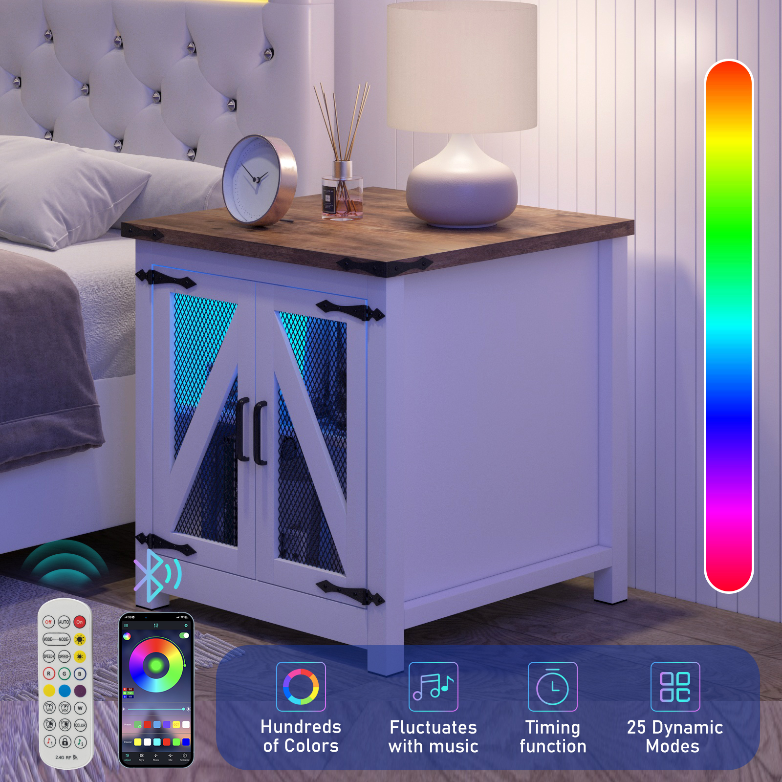 Farmhouse End Table with Charging Station, Side Table with Mesh Door & Adjustable  Storage Shelf Nightstand with Wood Tabletop, White,