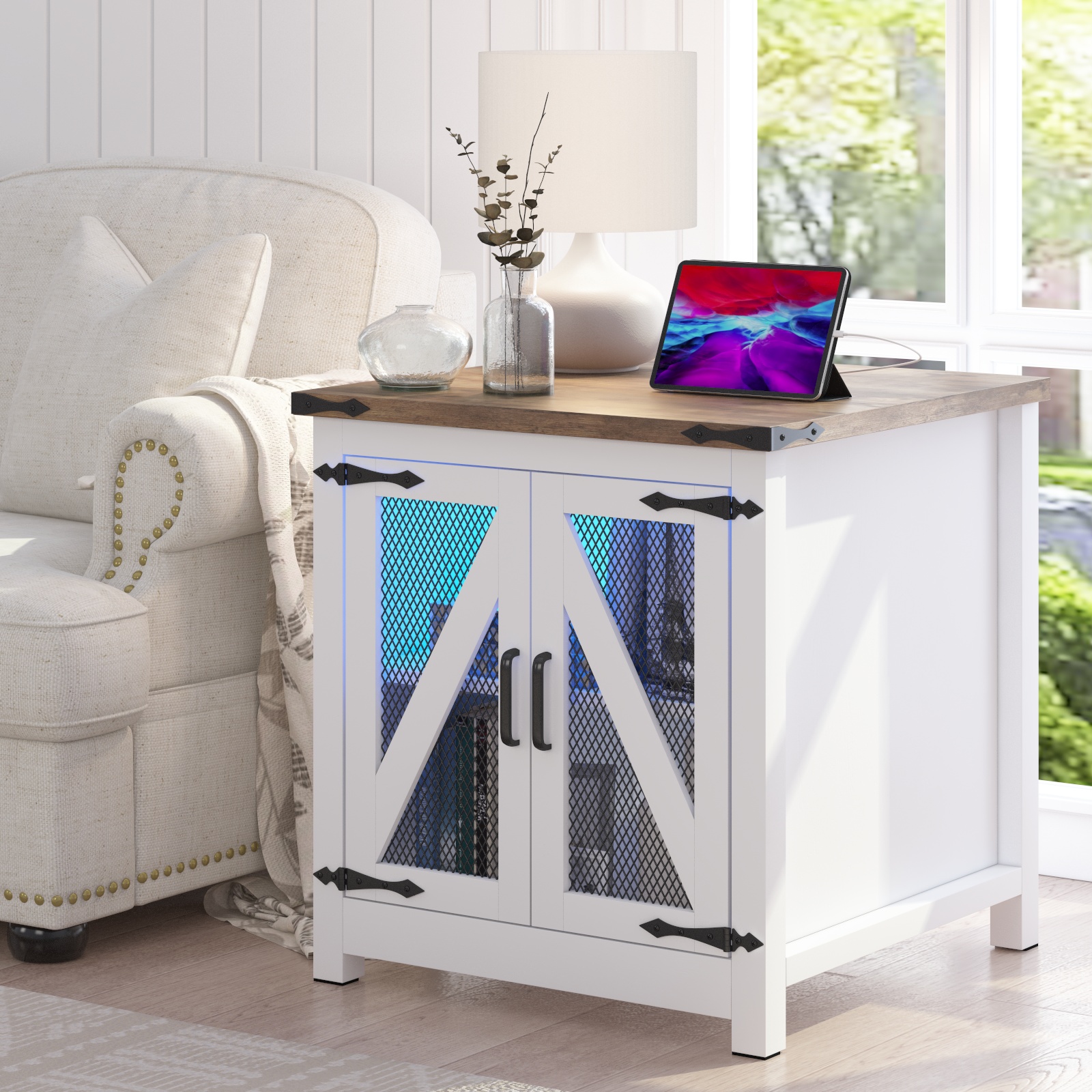 Farmhouse End Table with Charging Station, Side Table with Mesh Door & Adjustable  Storage Shelf Nightstand with Wood Tabletop, White,