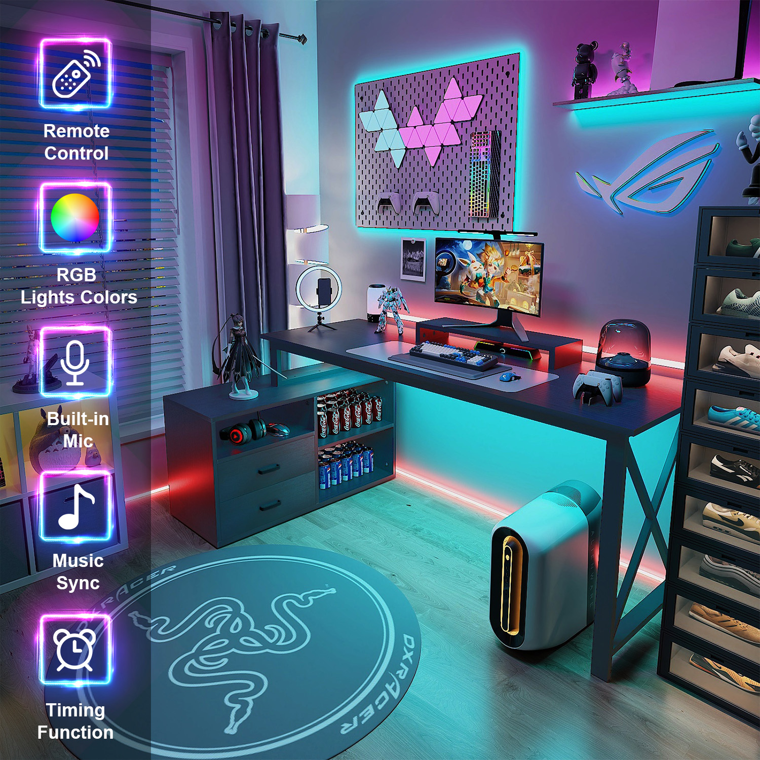 L Shape Computer Desk with File Cabinet, 55-inch Corner Desk with Drawers & Adjustable Shelf, Gaming Desk with Power Outlet and LED Light