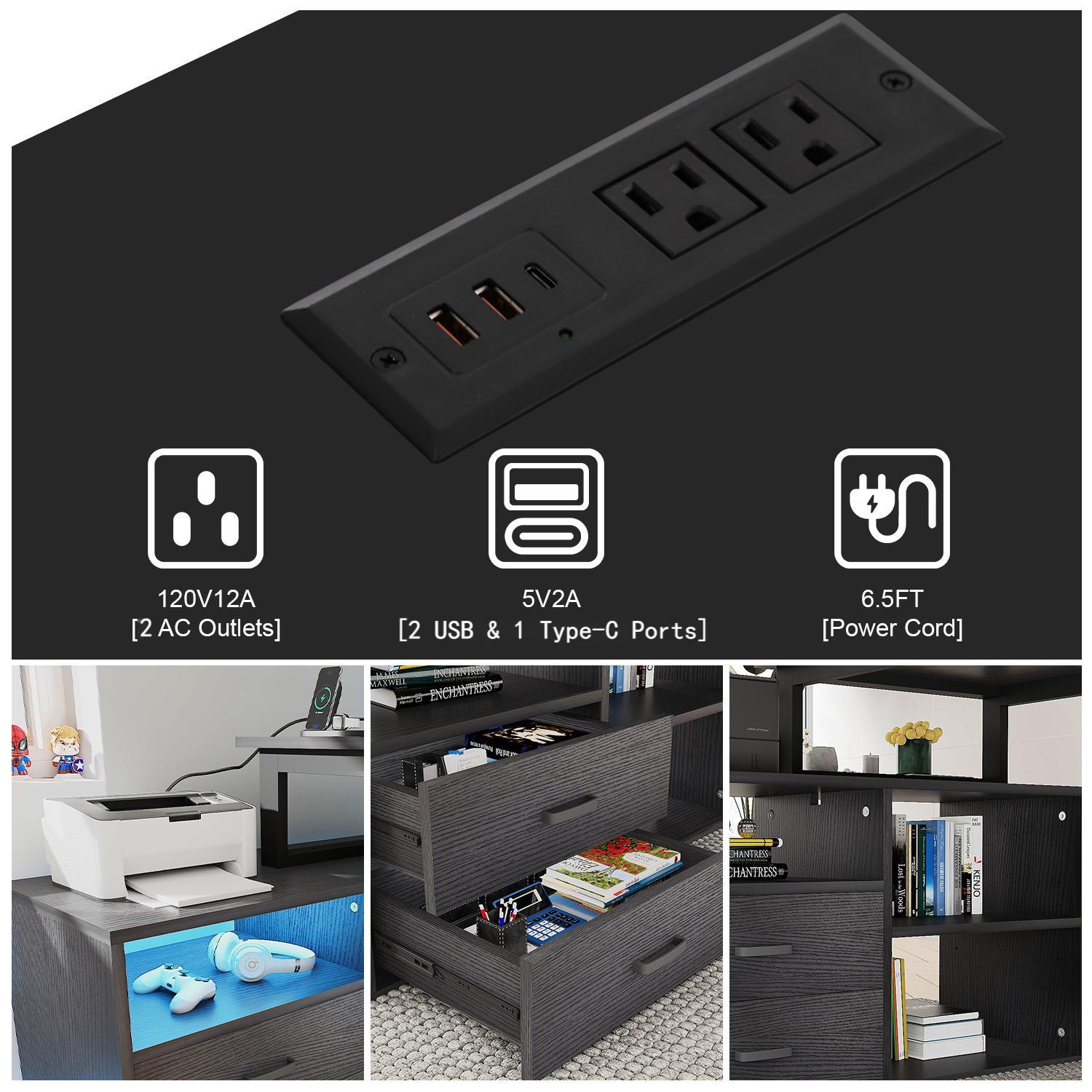 L Shape Computer Desk with File Cabinet, 55-inch Corner Desk with Drawers & Adjustable Shelf, Gaming Desk with Power Outlet and LED Light