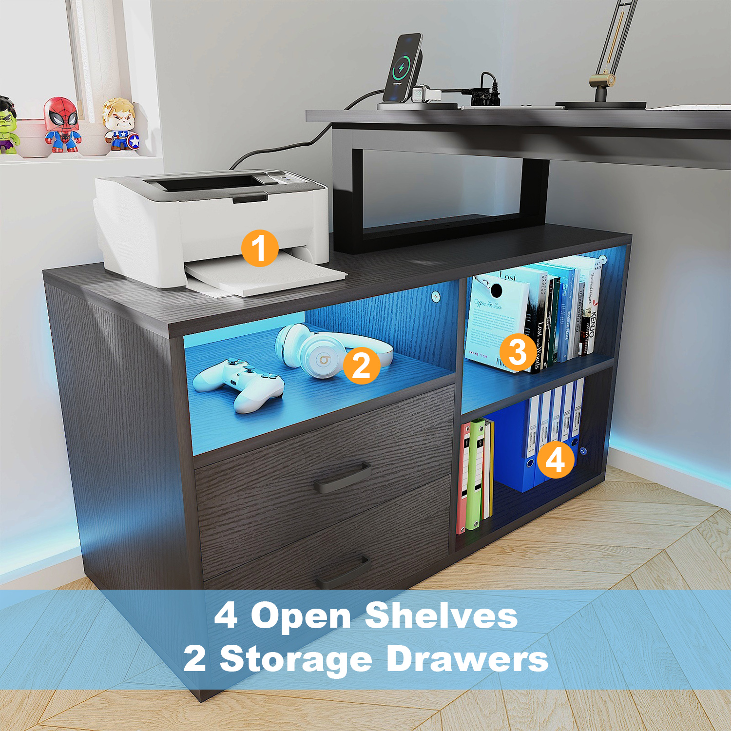 L Shape Computer Desk with File Cabinet, 55-inch Corner Desk with Drawers & Adjustable Shelf, Gaming Desk with Power Outlet and LED Light