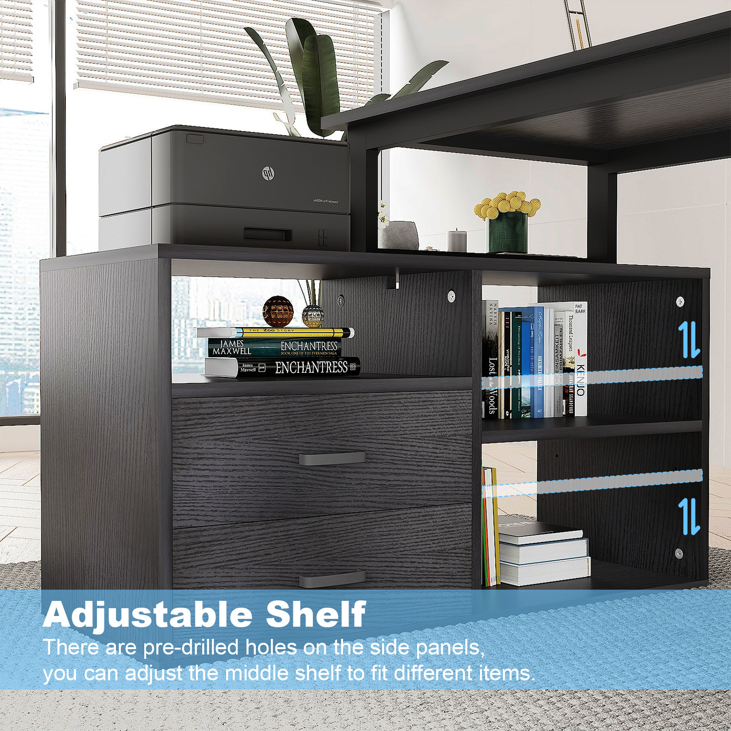 L Shape Computer Desk with File Cabinet, 55-inch Corner Desk with Drawers & Adjustable Shelf, Gaming Desk with Power Outlet and LED Light