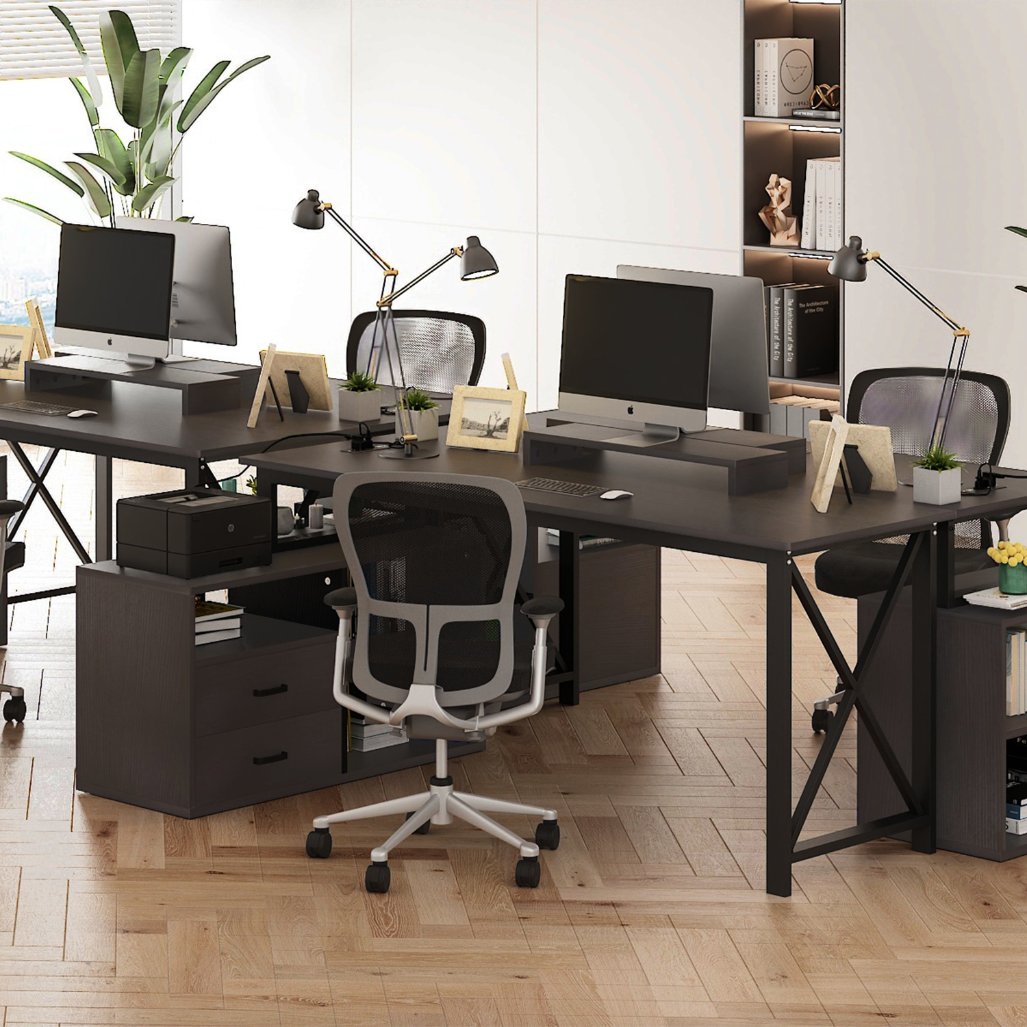 L Shape Computer Desk with File Cabinet, 55-inch Corner Desk with Drawers & Adjustable Shelf, Gaming Desk with Power Outlet and LED Light