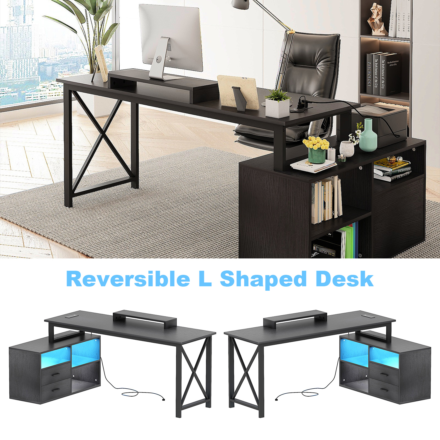 L Shape Computer Desk with File Cabinet, 55-inch Corner Desk with Drawers & Adjustable Shelf, Gaming Desk with Power Outlet and LED Light