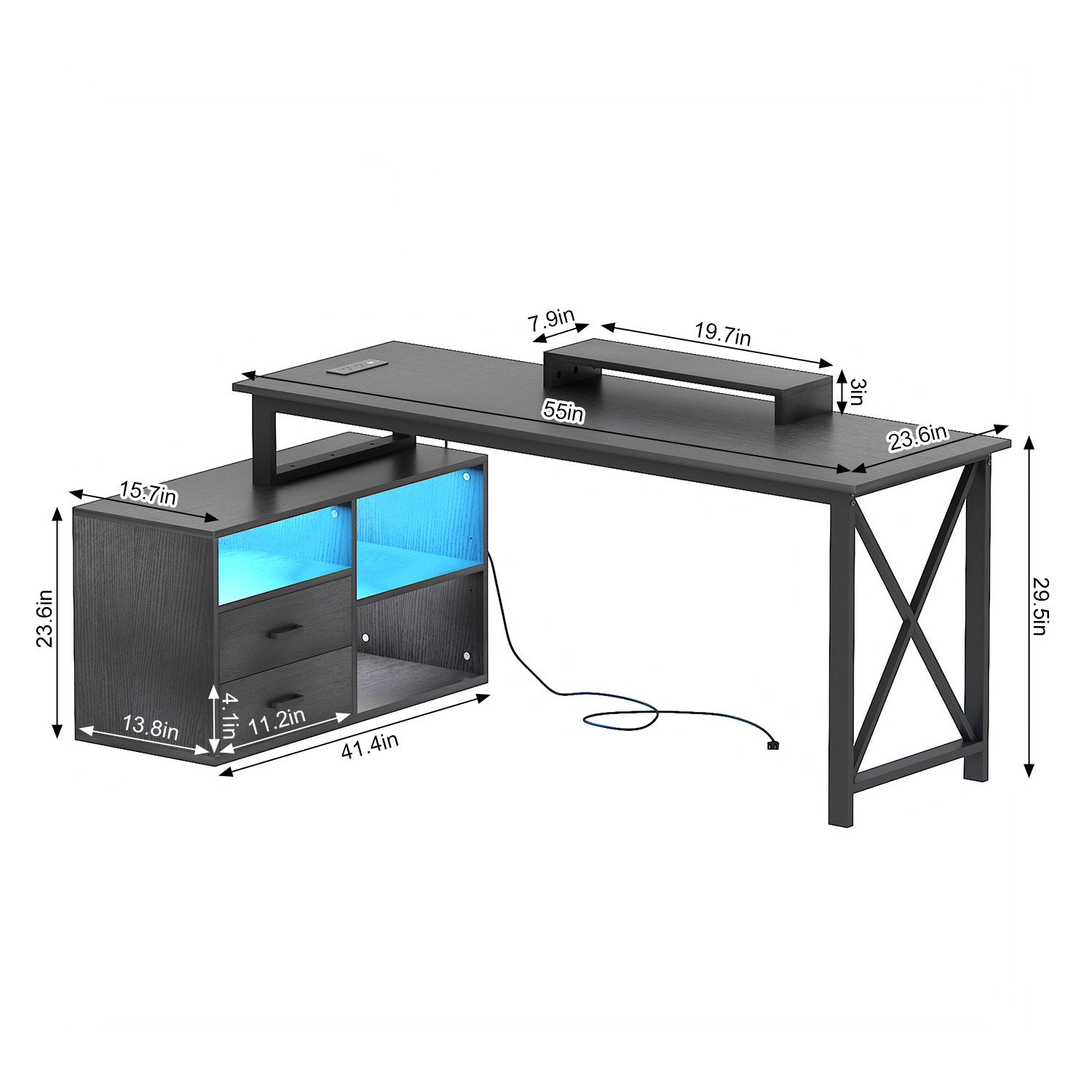 L Shape Computer Desk with File Cabinet, 55-inch Corner Desk with Drawers & Adjustable Shelf, Gaming Desk with Power Outlet and LED Light