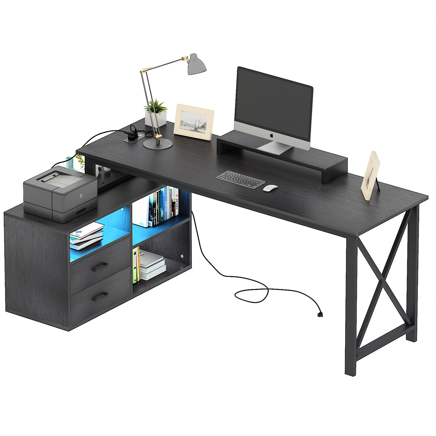 L Shape Computer Desk with File Cabinet, 55-inch Corner Desk with Drawers & Adjustable Shelf, Gaming Desk with Power Outlet and LED Light