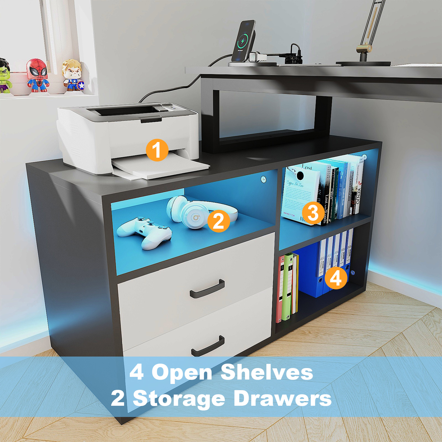 L Shape Computer Desk with File Cabinet, 55-inch Corner Desk with Drawers & Adjustable Shelf, Gaming Desk with Power Outlet and LED Light