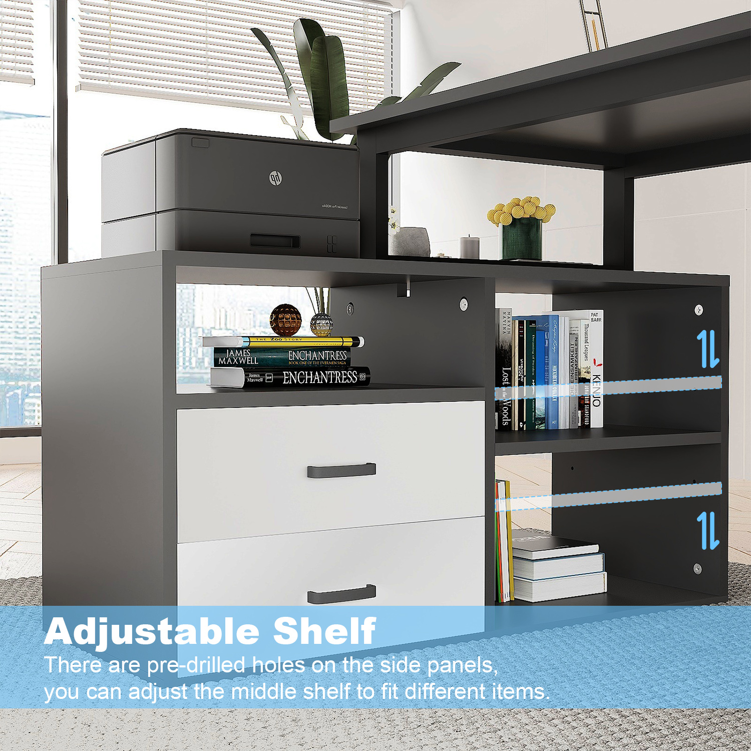 L Shape Computer Desk with File Cabinet, 55-inch Corner Desk with Drawers & Adjustable Shelf, Gaming Desk with Power Outlet and LED Light