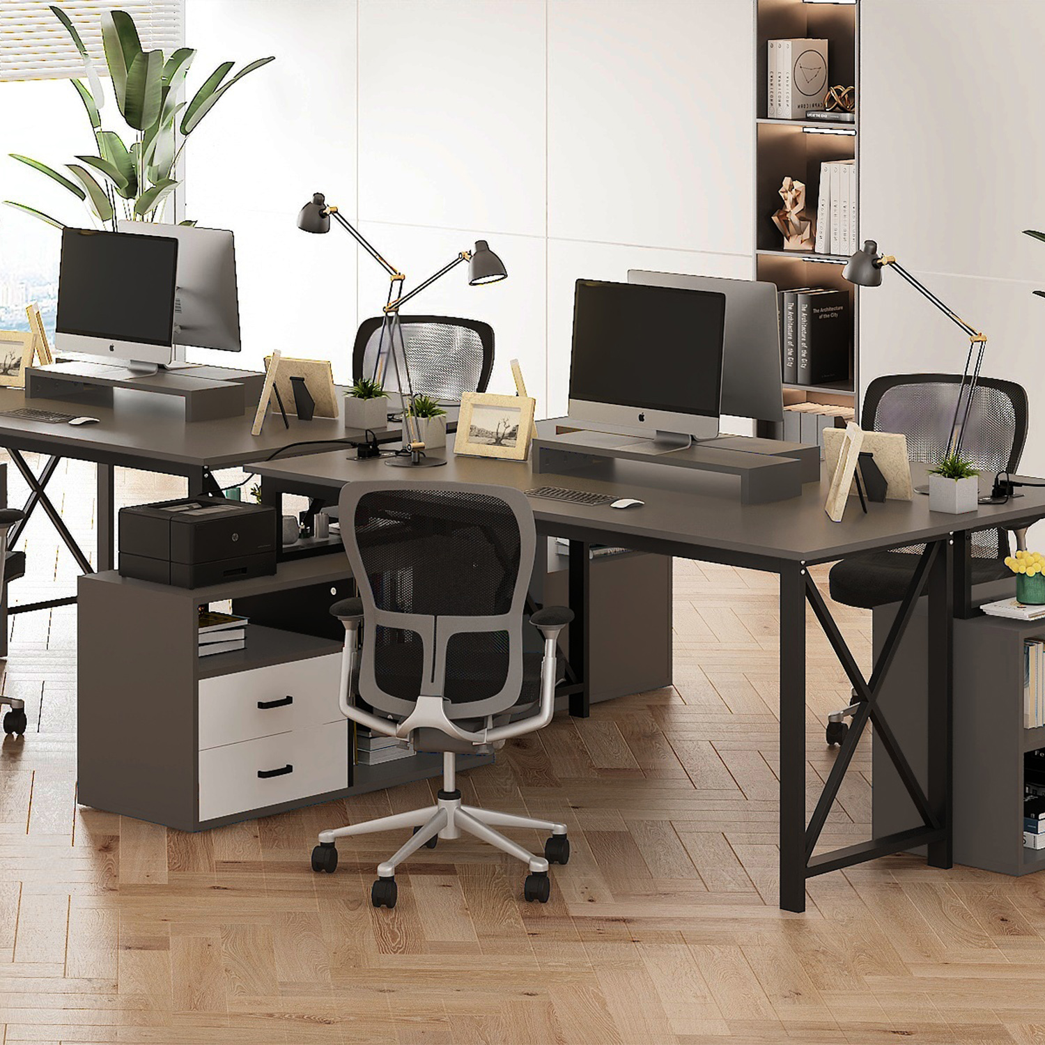 L Shape Computer Desk with File Cabinet, 55-inch Corner Desk with Drawers & Adjustable Shelf, Gaming Desk with Power Outlet and LED Light