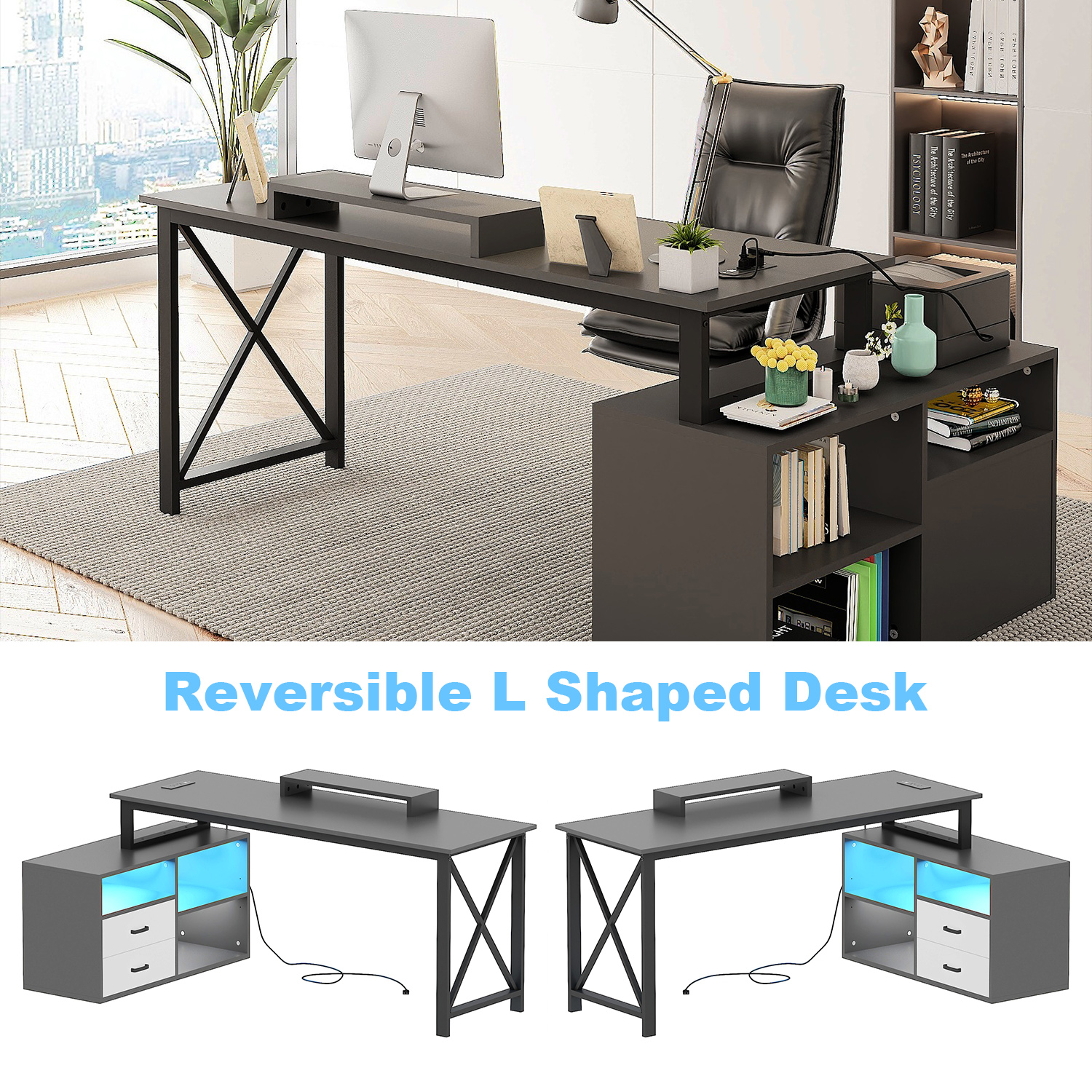 L Shape Computer Desk with File Cabinet, 55-inch Corner Desk with Drawers & Adjustable Shelf, Gaming Desk with Power Outlet and LED Light