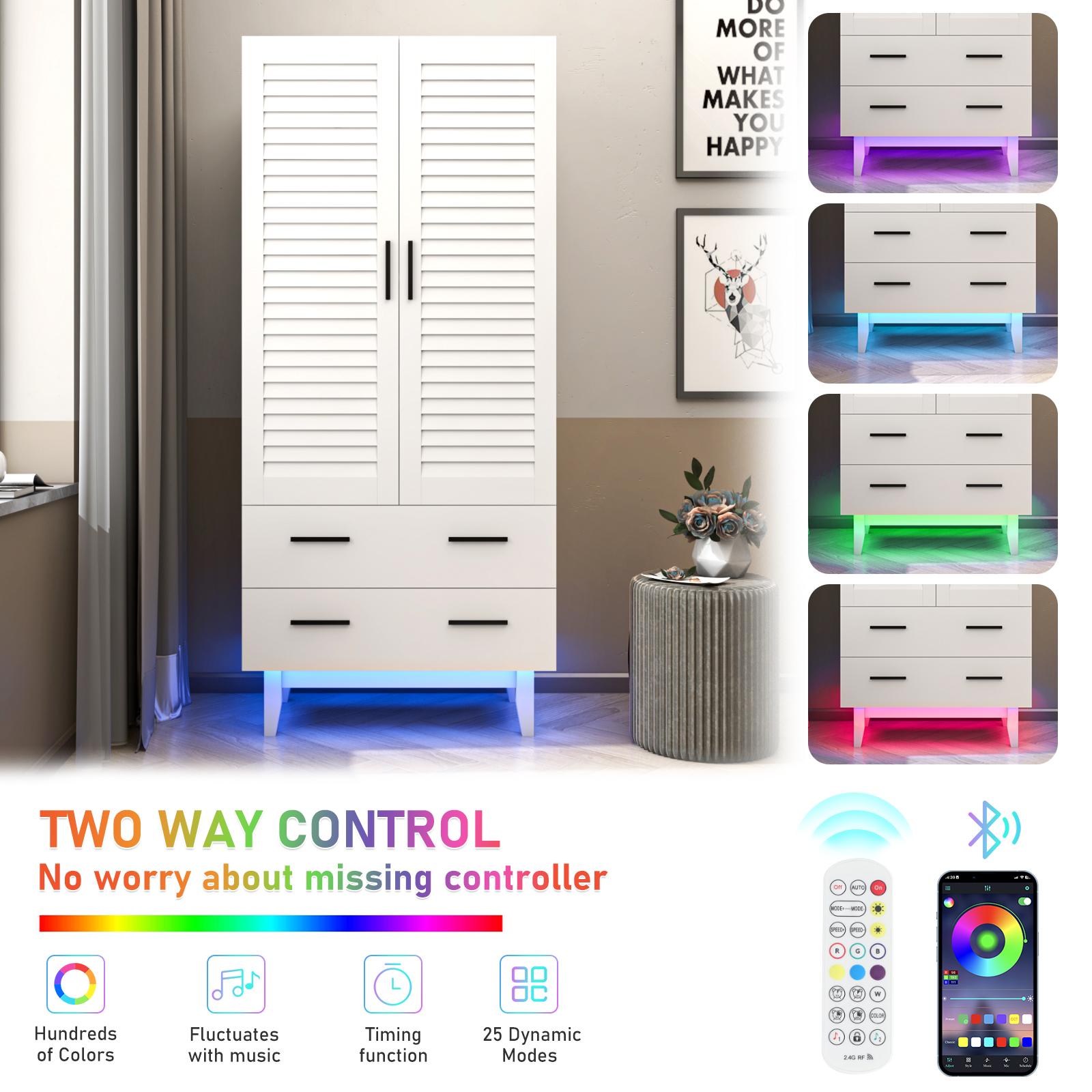 Double Doors Wardrobe Armoire with LED Light, 70-inch Closet Storage Cabinet Organizer with Hanging Rod, 4 Shelves & 2 Drawers, Black