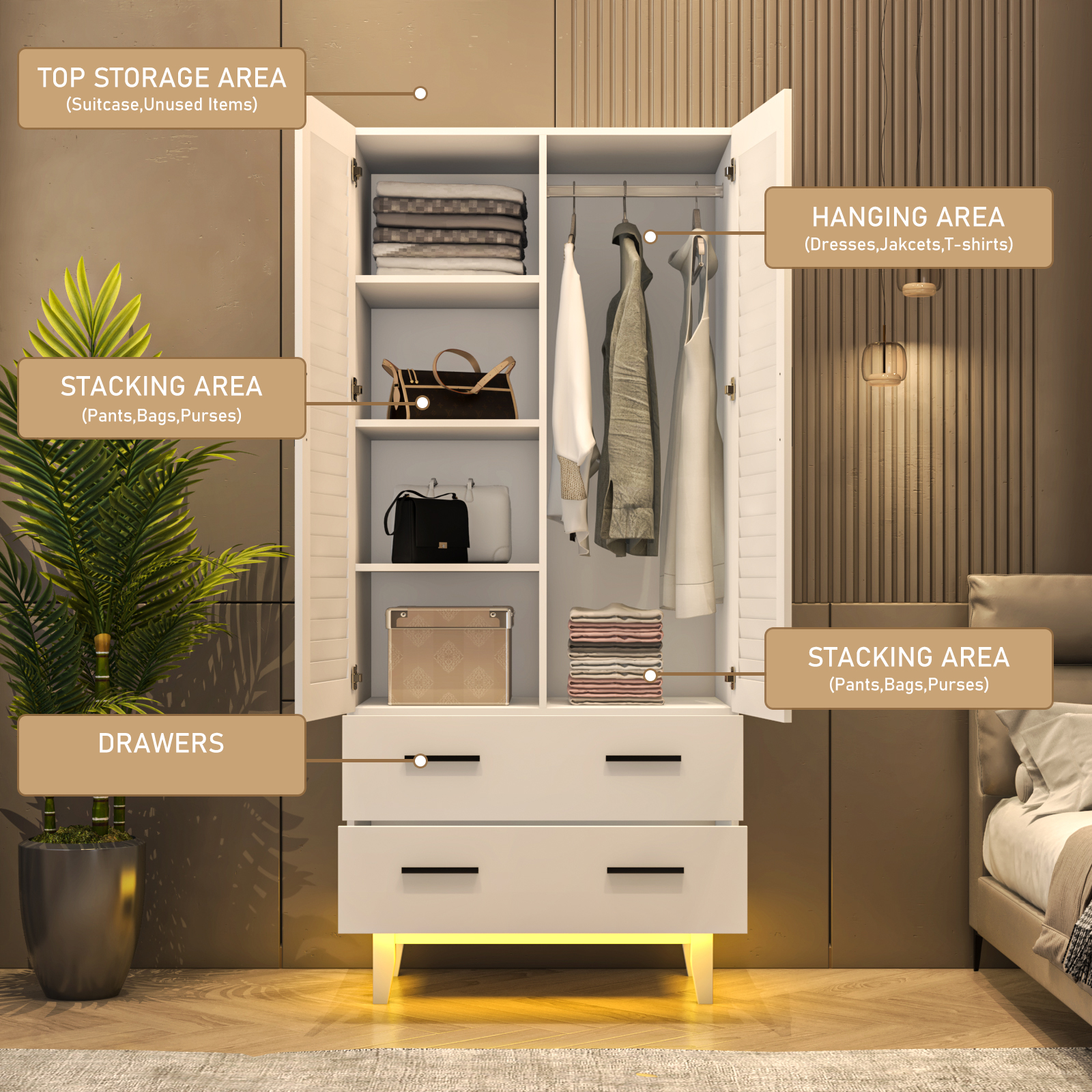 Double Doors Wardrobe Armoire with LED Light, 70-inch Closet Storage Cabinet Organizer with Hanging Rod, 4 Shelves & 2 Drawers, Black