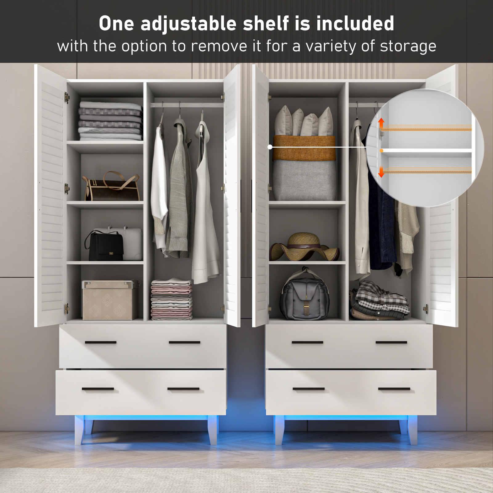 Double Doors Wardrobe Armoire with LED Light, 70-inch Closet Storage Cabinet Organizer with Hanging Rod, 4 Shelves & 2 Drawers, Black