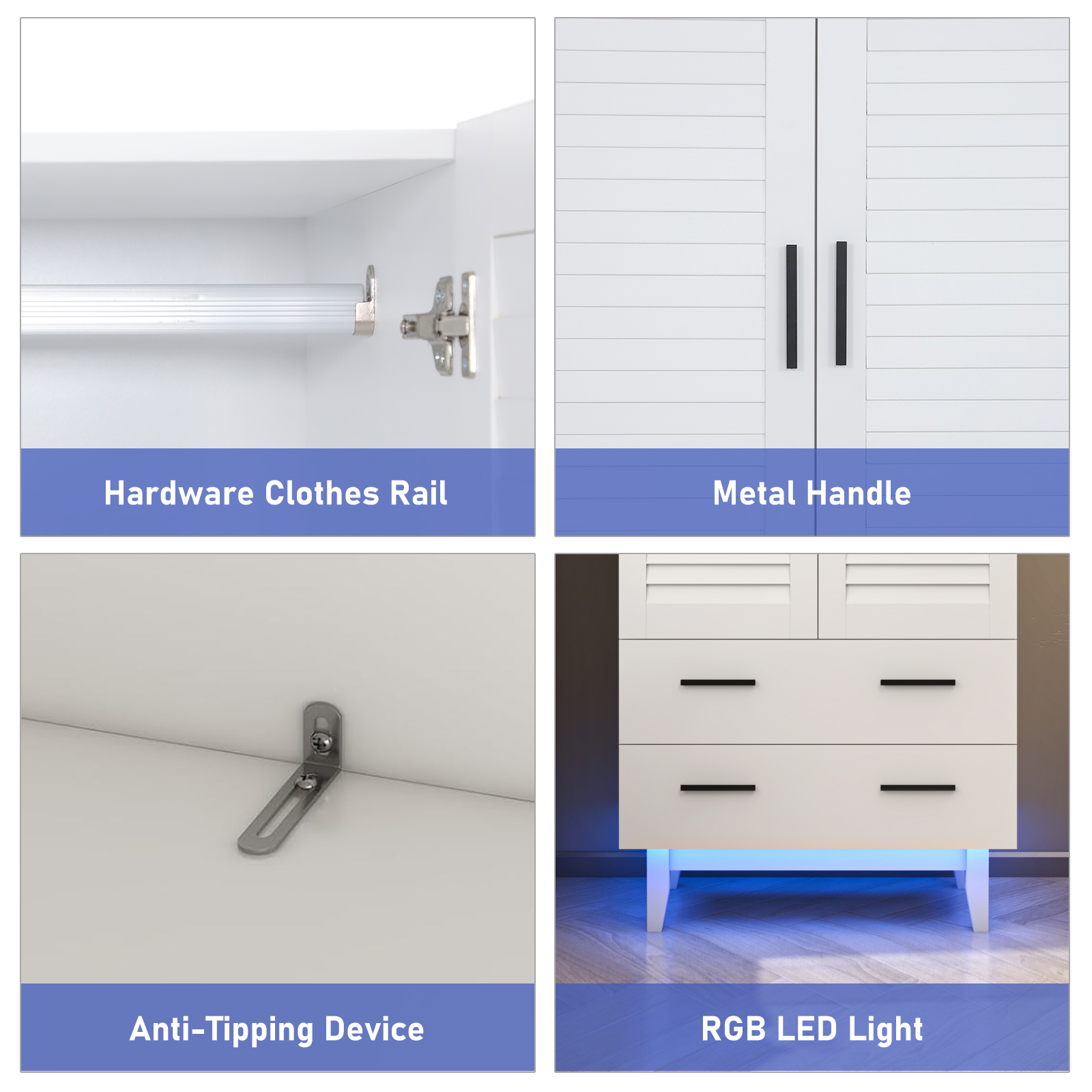 Double Doors Wardrobe Armoire with LED Light, 70-inch Closet Storage Cabinet Organizer with Hanging Rod, 4 Shelves & 2 Drawers, Black