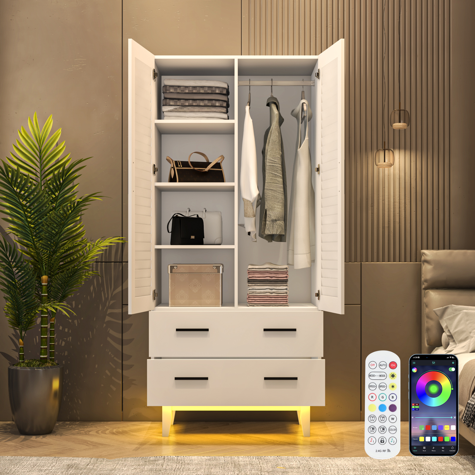 Double Doors Wardrobe Armoire with LED Light, 70-inch Closet Storage Cabinet Organizer with Hanging Rod, 4 Shelves & 2 Drawers, Black