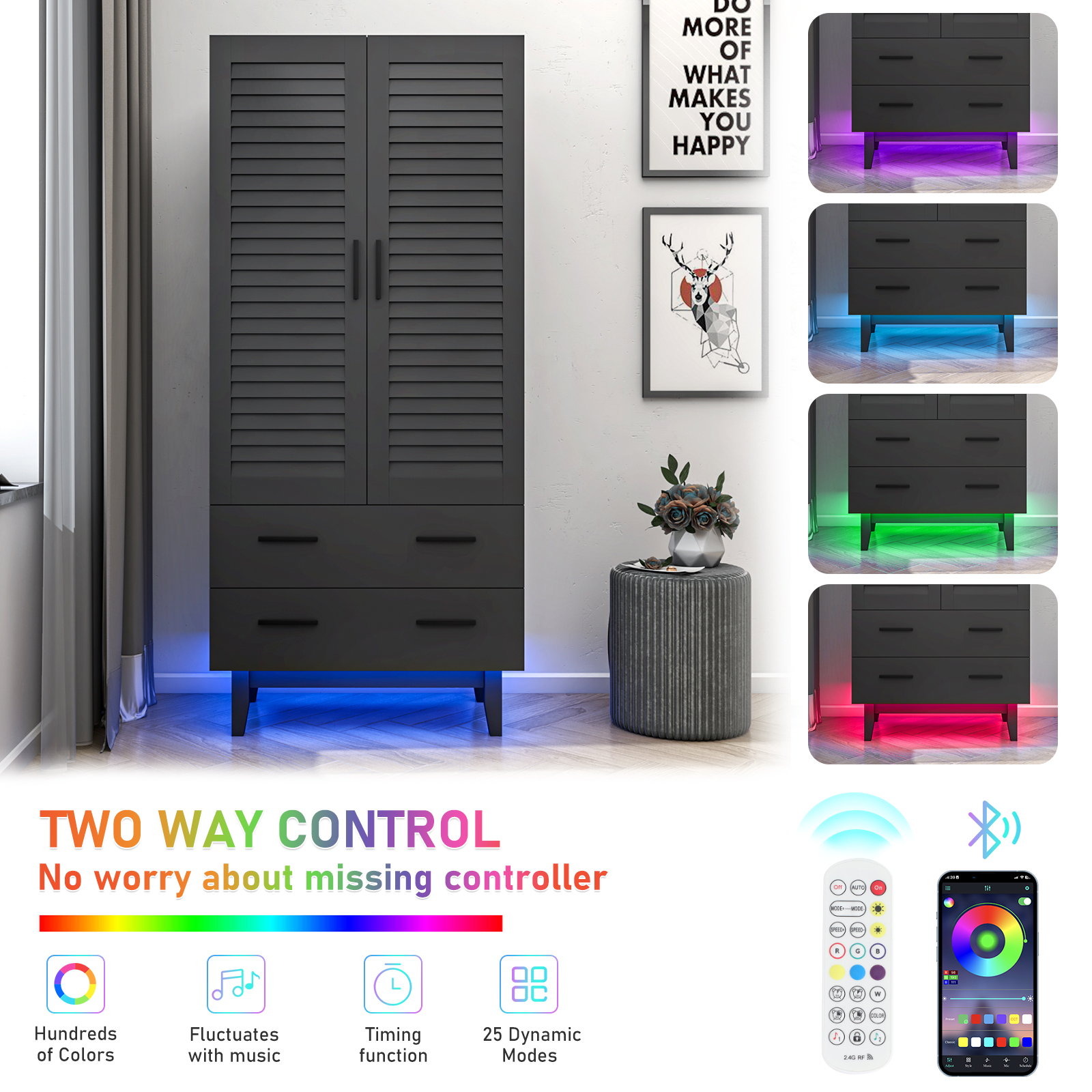 Double Doors Wardrobe Armoire with LED Light, 70-inch Closet Storage Cabinet Organizer with Hanging Rod, 4 Shelves & 2 Drawers, Black