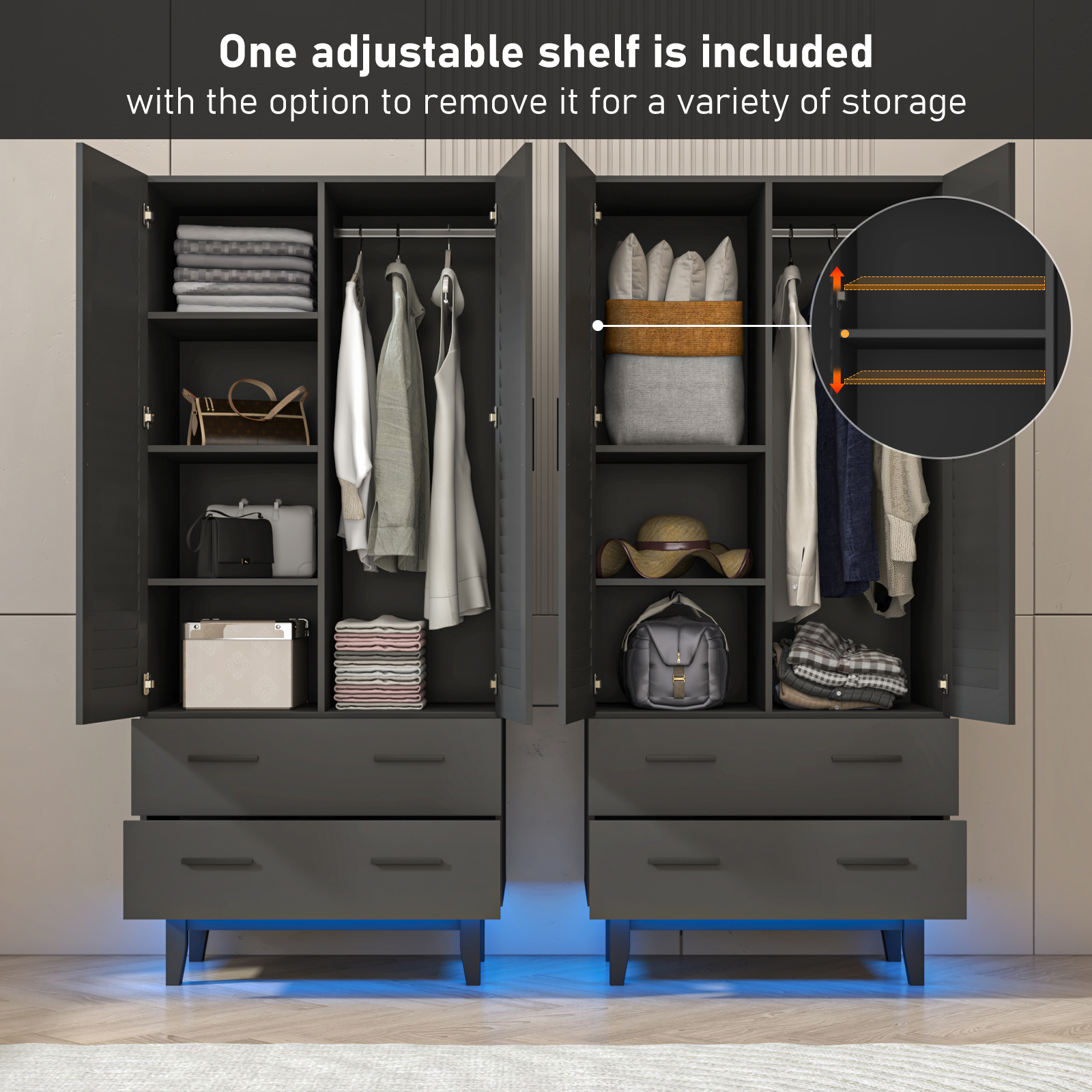 Double Doors Wardrobe Armoire with LED Light, 70-inch Closet Storage Cabinet Organizer with Hanging Rod, 4 Shelves & 2 Drawers, Black