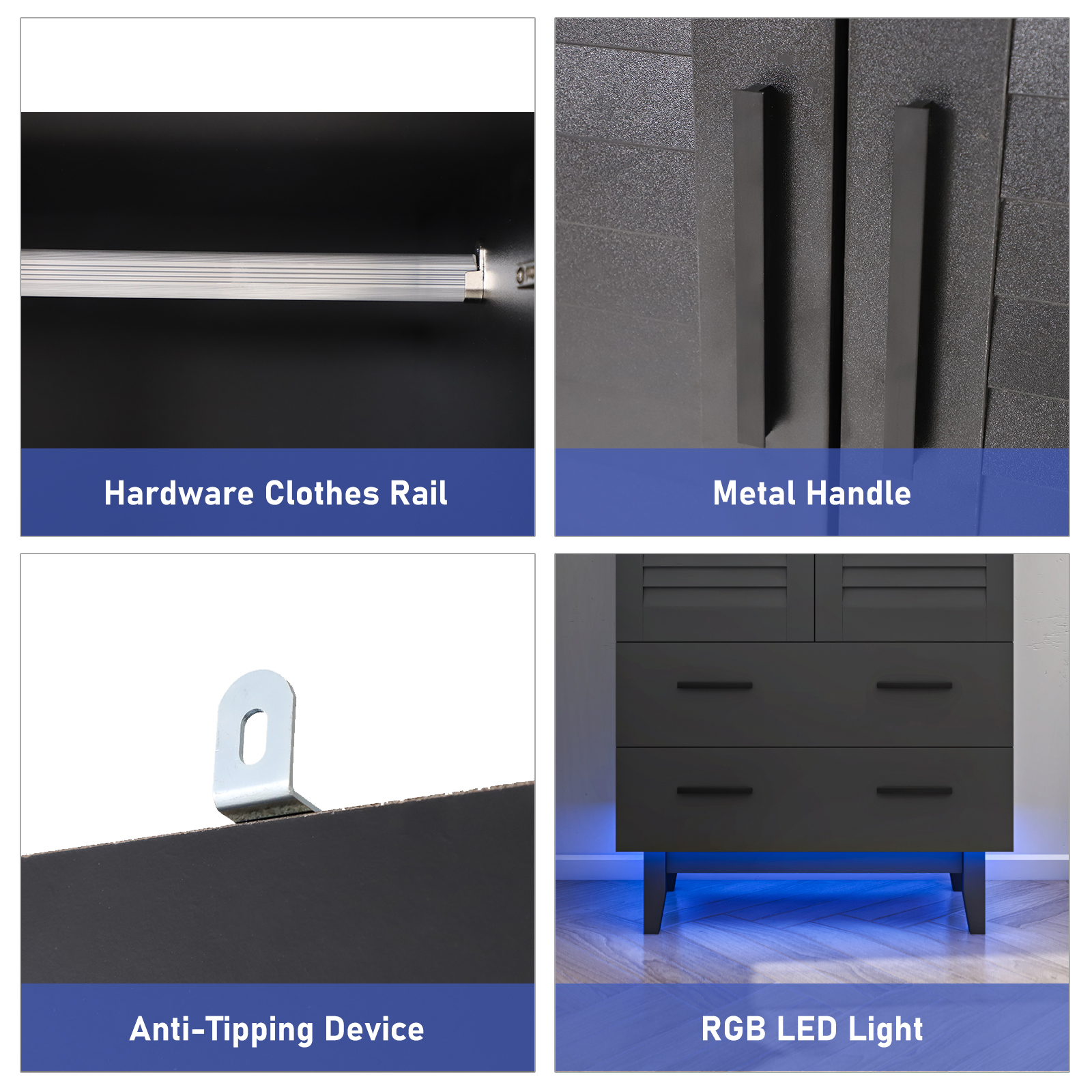 Double Doors Wardrobe Armoire with LED Light, 70-inch Closet Storage Cabinet Organizer with Hanging Rod, 4 Shelves & 2 Drawers, Black