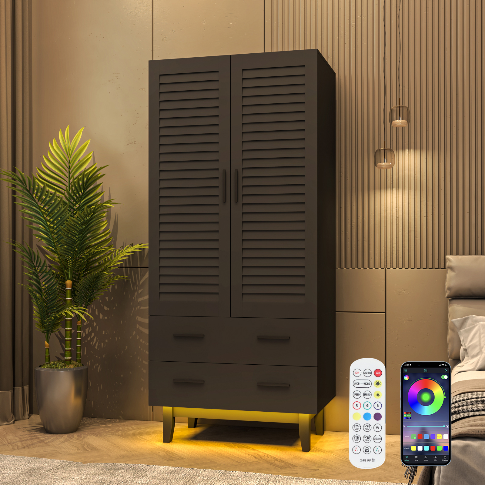 Double Doors Wardrobe Armoire with LED Light, 70-inch Closet Storage Cabinet Organizer with Hanging Rod, 4 Shelves & 2 Drawers, Black