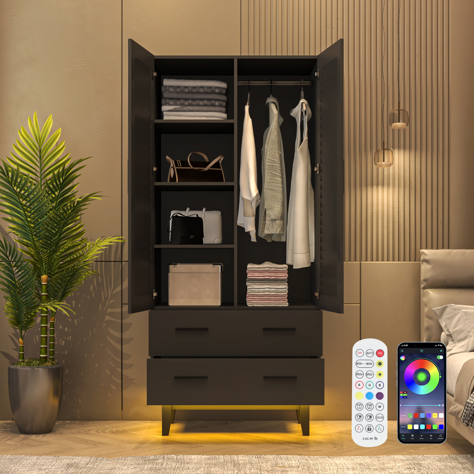 Double Doors Wardrobe Armoire with LED Light, 70-inch Closet Storage Cabinet Organizer with Hanging Rod, 4 Shelves & 2 Drawers, Black