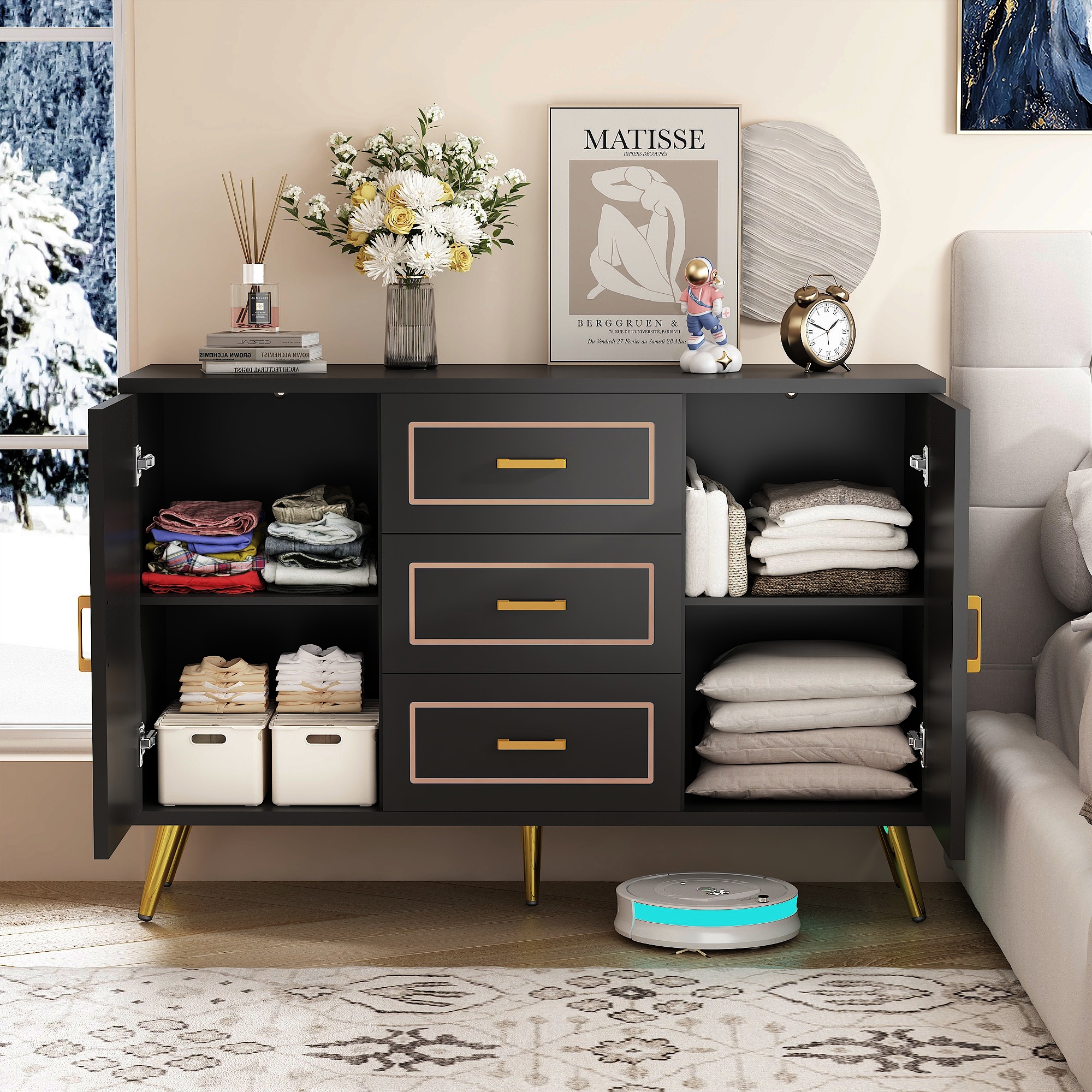 Mid-Century Modern Dresser for Bedroom with 3 Drawers and 2-Door Cabinets
