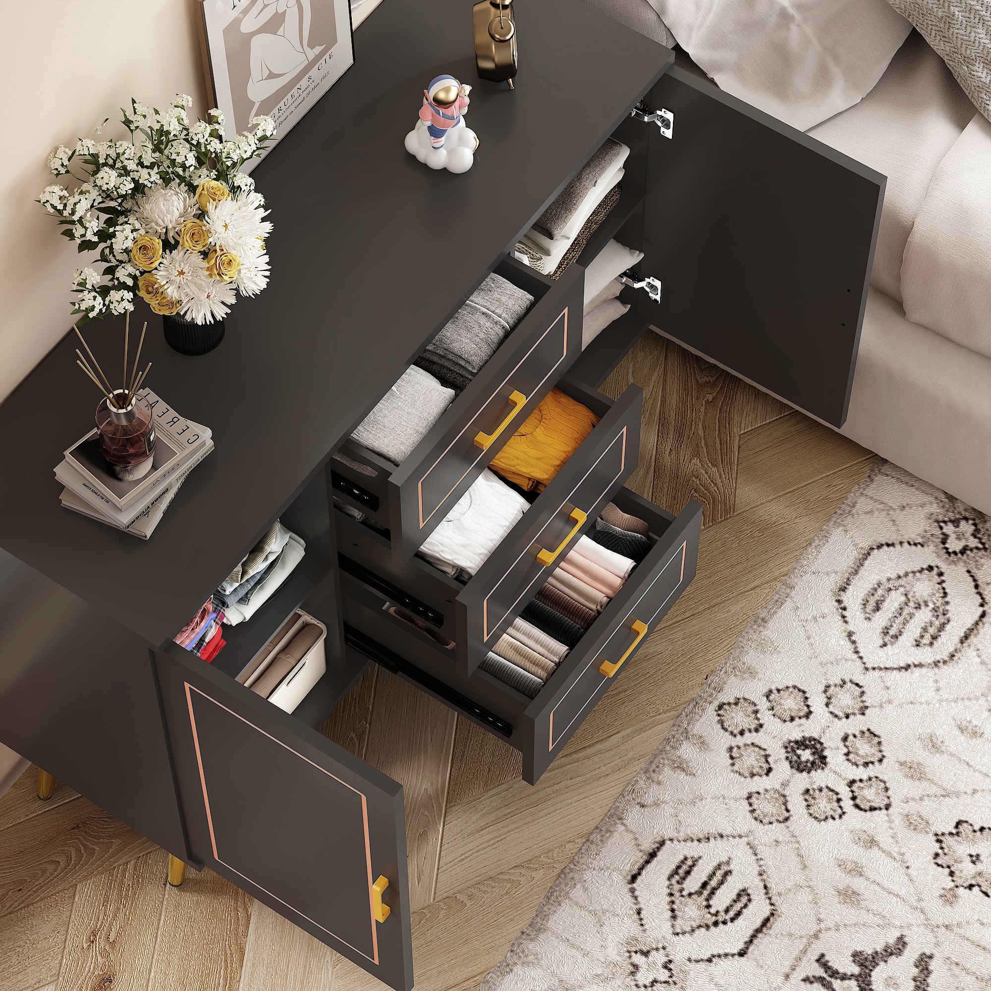 Mid-Century Modern Dresser for Bedroom with 3 Drawers and 2-Door Cabinets