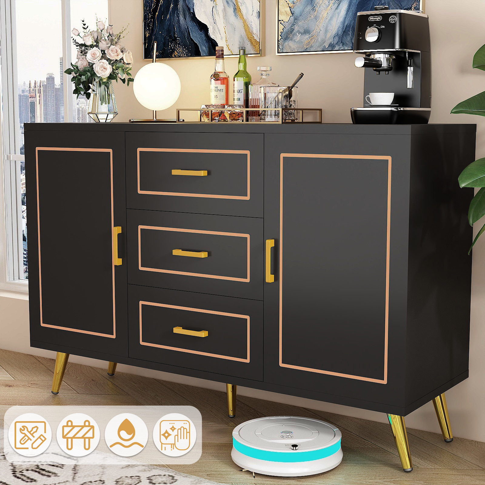 47" Buffet Sideboard Cabinet Gold Coffee Bar with Storage