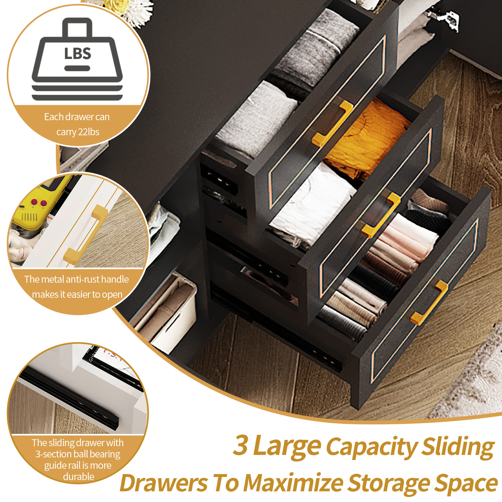 Mid-Century Modern Dresser for Bedroom with 3 Drawers and 2-Door Cabinets