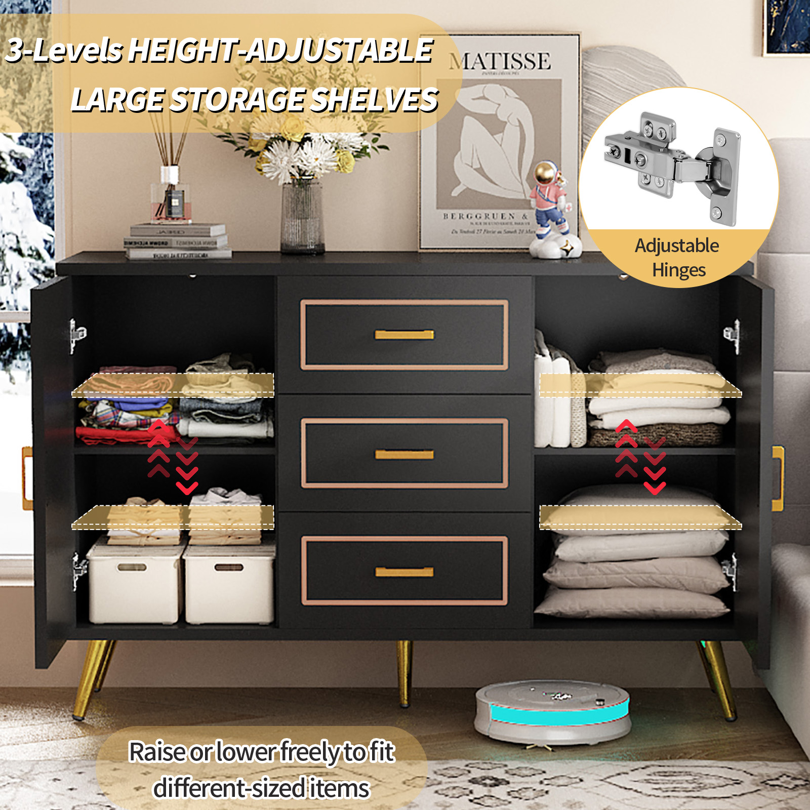 Mid-Century Modern Dresser for Bedroom with 3 Drawers and 2-Door Cabinets