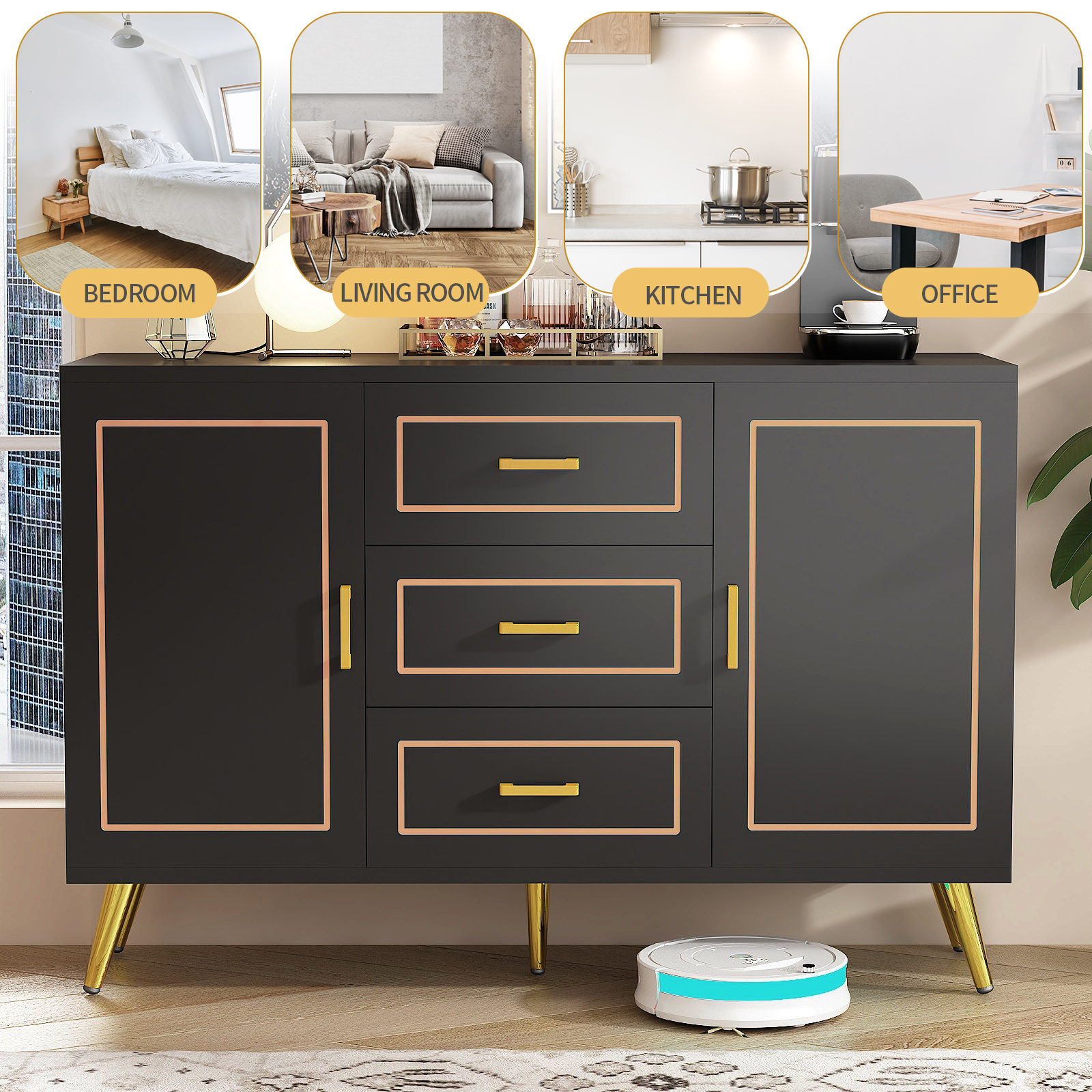 Mid-Century Modern Dresser for Bedroom with 3 Drawers and 2-Door Cabinets