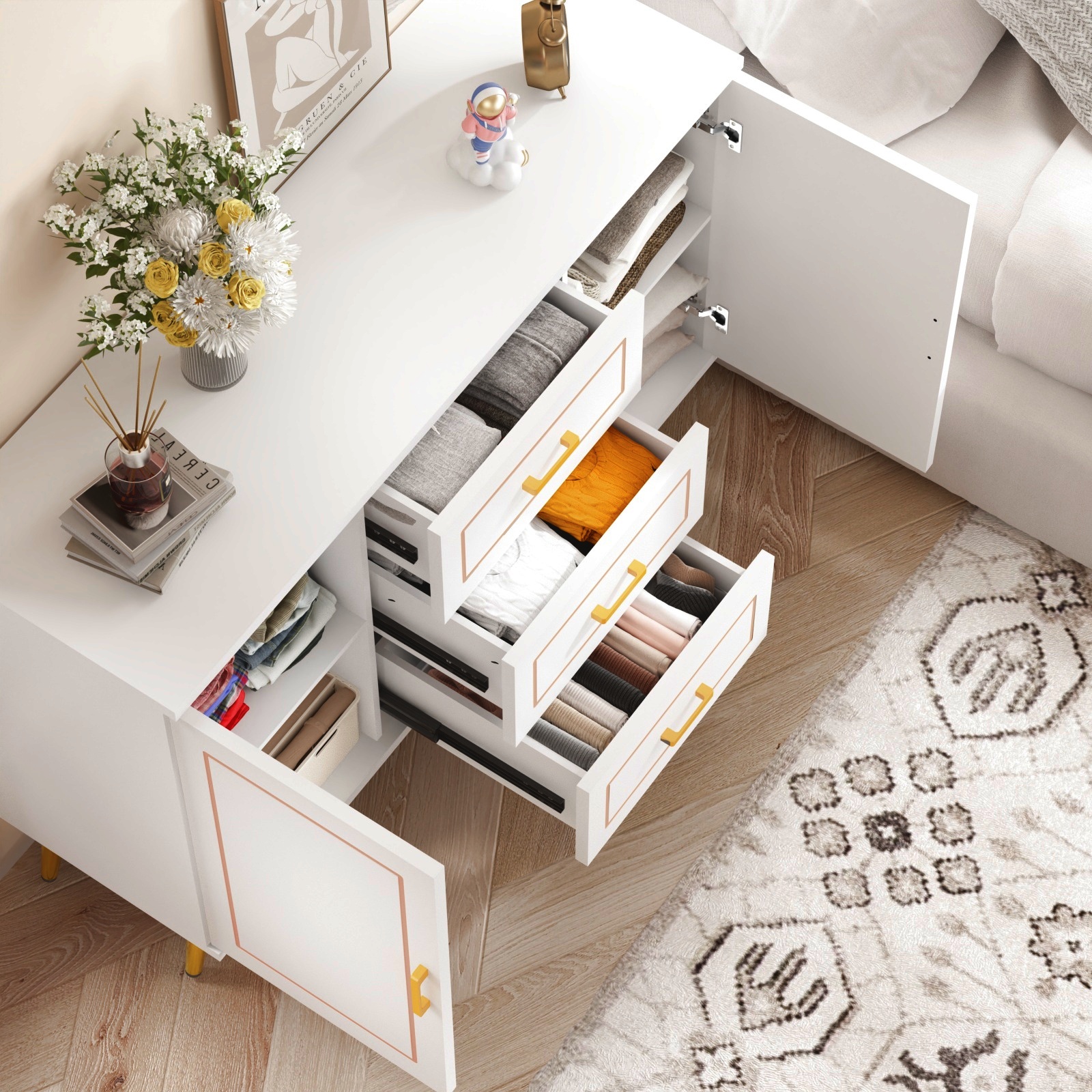 Mid-Century Modern Dresser for Bedroom with 3 Drawers and 2-Door Cabinets