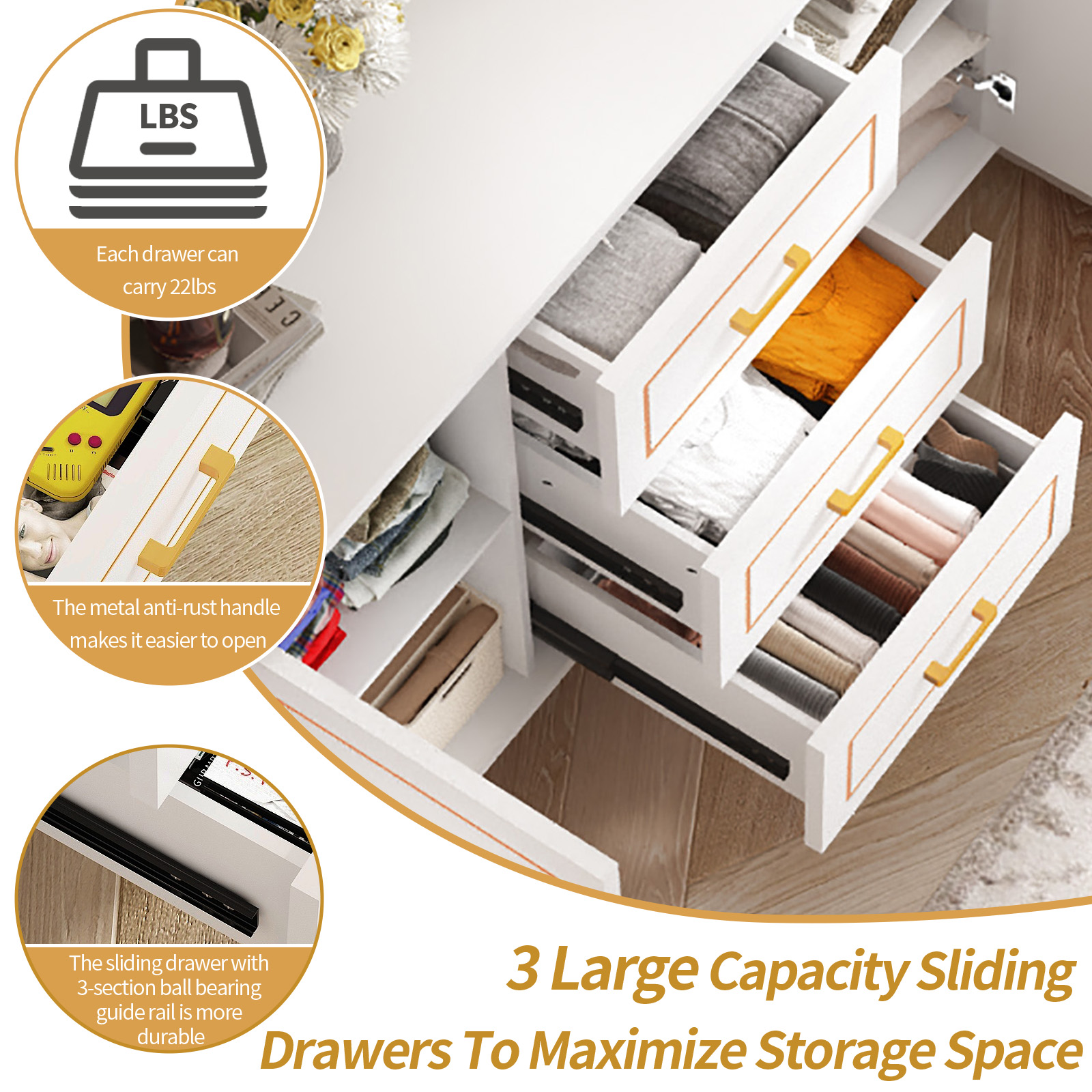 Mid-Century Modern Dresser for Bedroom with 3 Drawers and 2-Door Cabinets