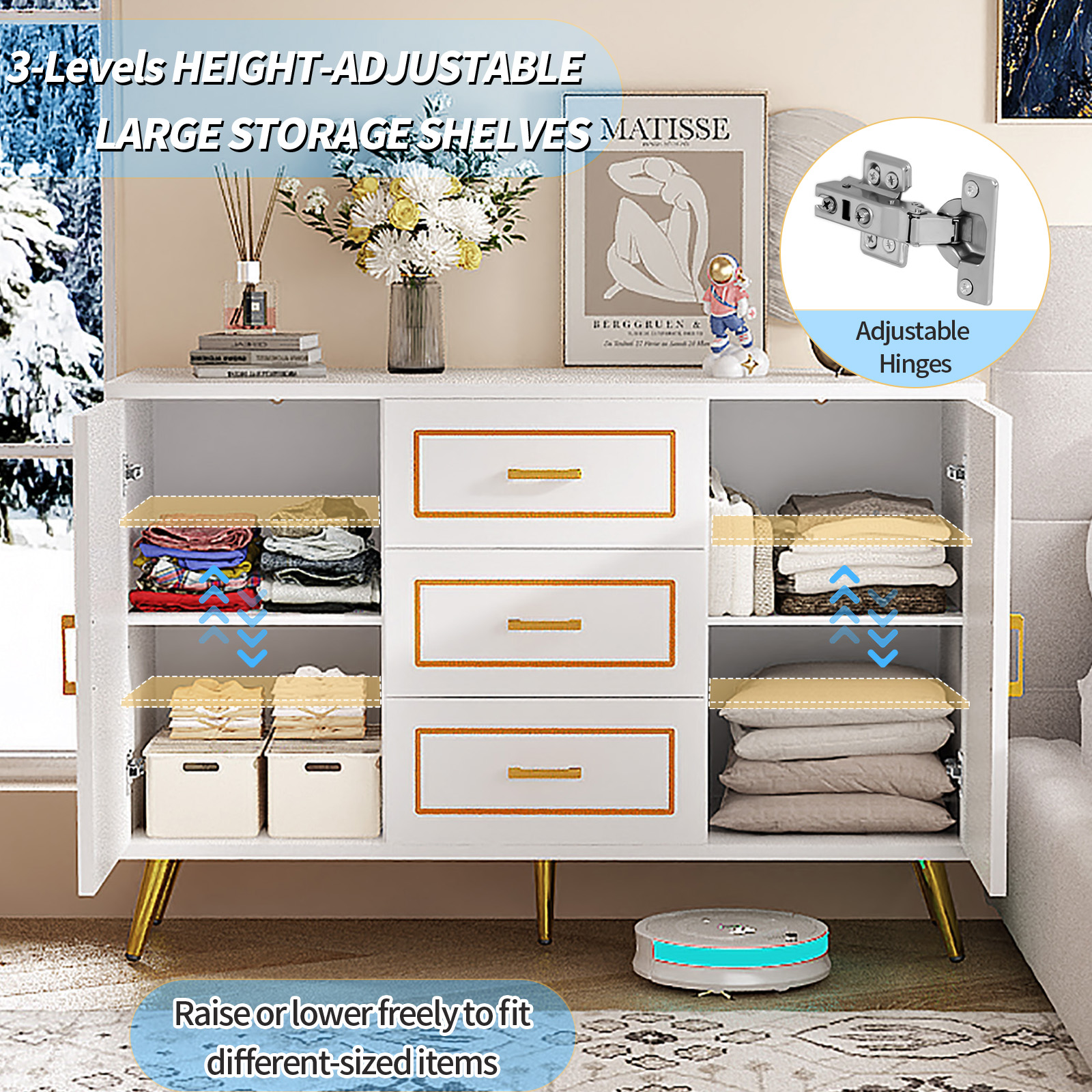 Mid-Century Modern Dresser for Bedroom with 3 Drawers and 2-Door Cabinets