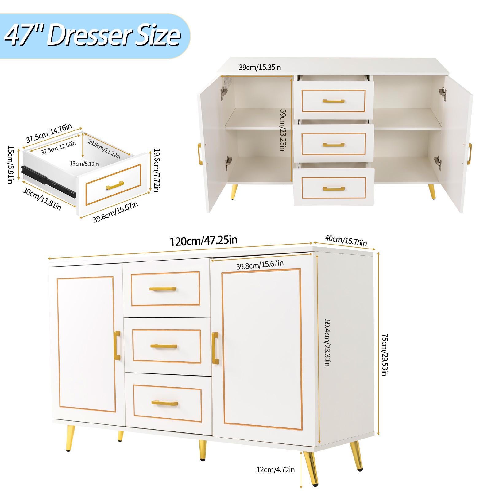 Mid-Century Modern Dresser for Bedroom with 3 Drawers and 2-Door Cabinets