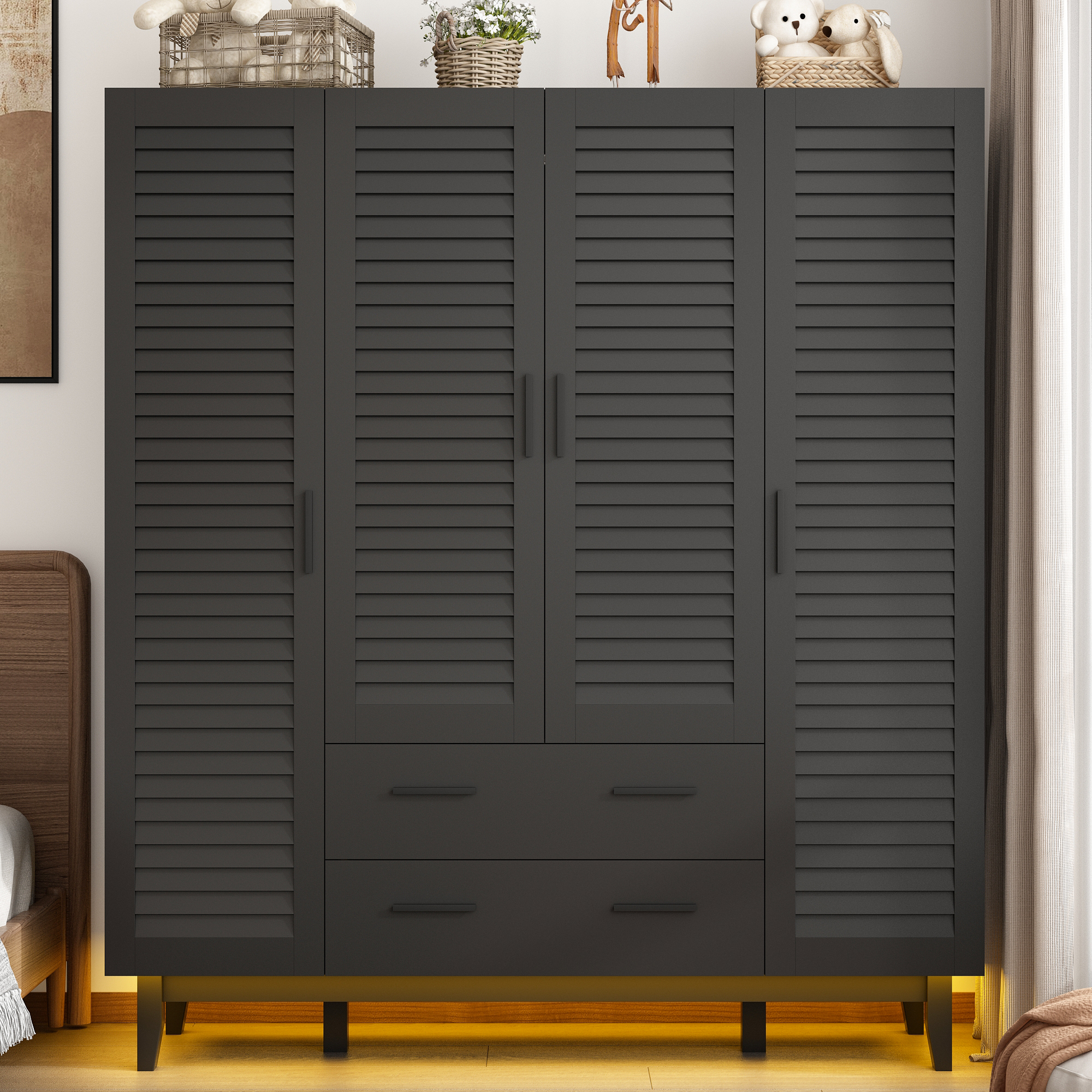 ANPOO Large 4 Doors Armoire Wardrobe Closet with LED Lights & Hanging Rods,70.9" Black Louver Door Wardrobe Armoire with 2 Drawers,LED Large Armoire Storage with Multi-Layer Shelves