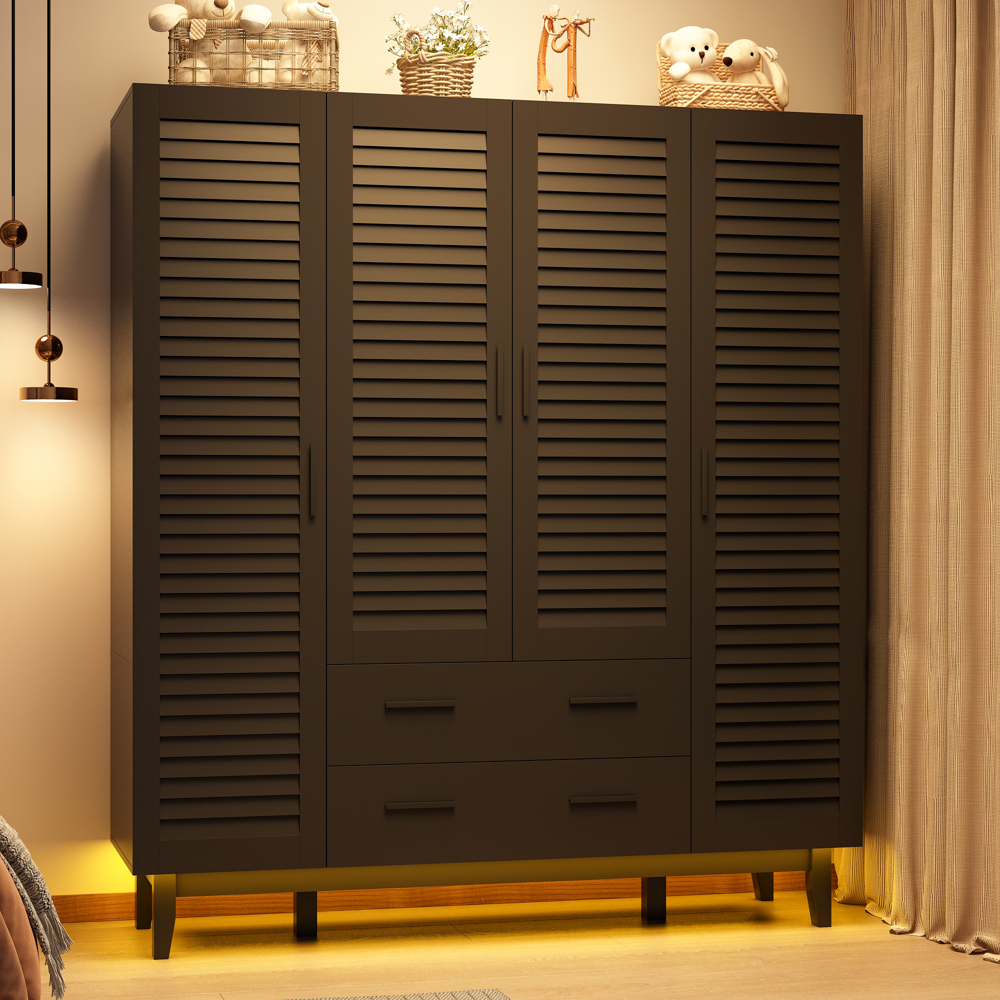 ANPOO Large 4 Doors Armoire Wardrobe Closet with LED Lights & Hanging Rods,70.9" Black Louver Door Wardrobe Armoire with 2 Drawers,LED Large Armoire Storage with Multi-Layer Shelves