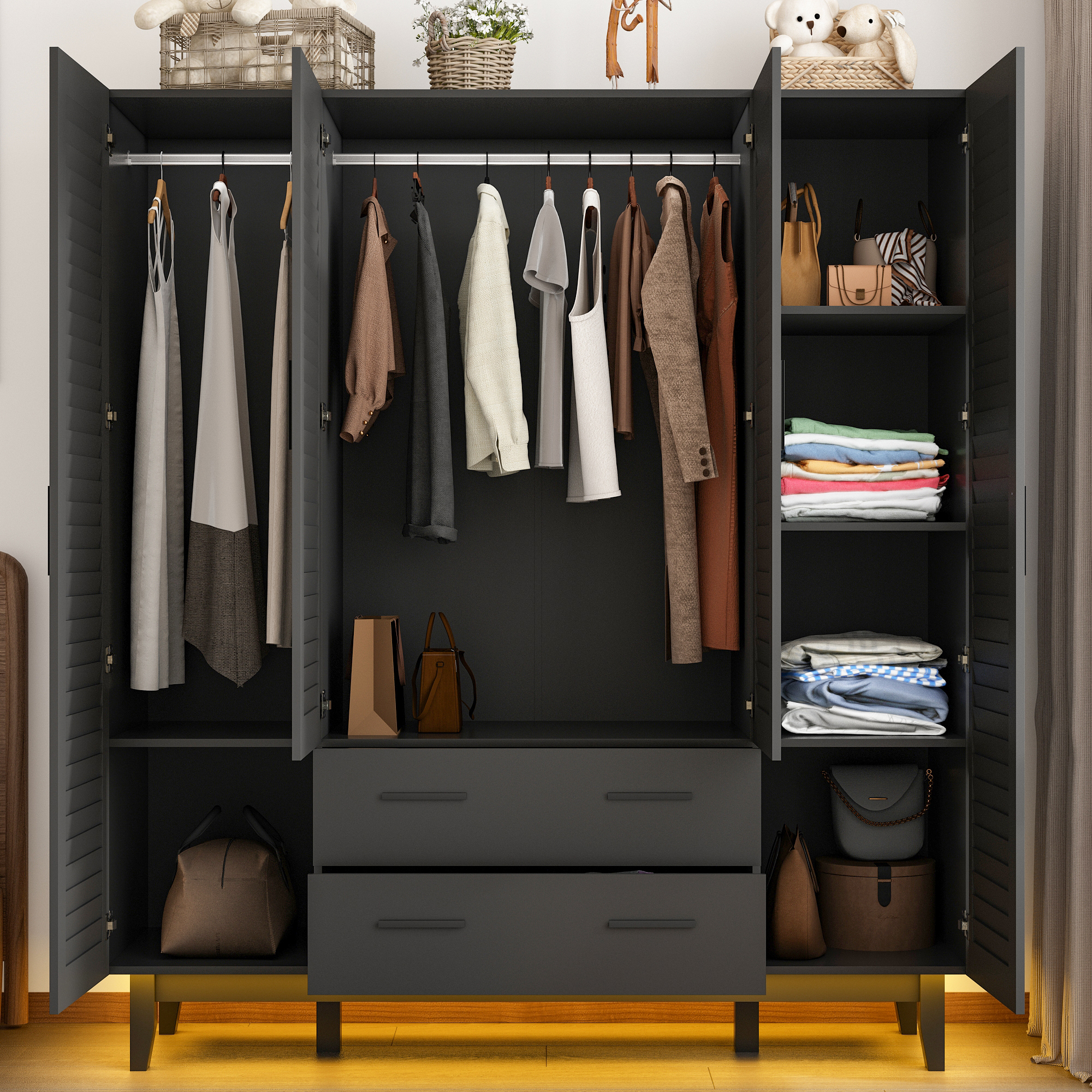 ANPOO Large 4 Doors Armoire Wardrobe Closet with LED Lights & Hanging Rods,70.9" Black Louver Door Wardrobe Armoire with 2 Drawers,LED Large Armoire Storage with Multi-Layer Shelves