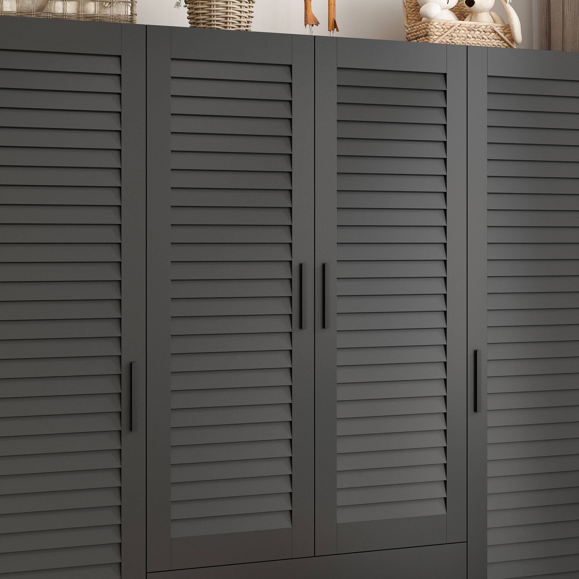 ANPOO Large 4 Doors Armoire Wardrobe Closet with LED Lights & Hanging Rods,70.9" Black Louver Door Wardrobe Armoire with 2 Drawers,LED Large Armoire Storage with Multi-Layer Shelves