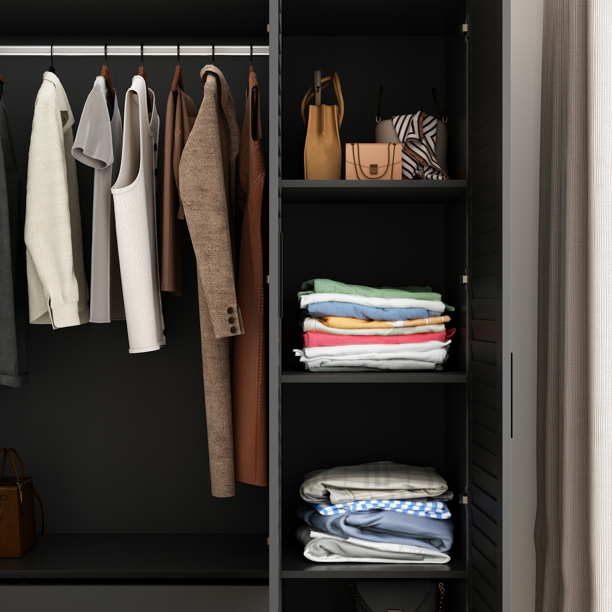 ANPOO Large 4 Doors Armoire Wardrobe Closet with LED Lights & Hanging Rods,70.9" Black Louver Door Wardrobe Armoire with 2 Drawers,LED Large Armoire Storage with Multi-Layer Shelves