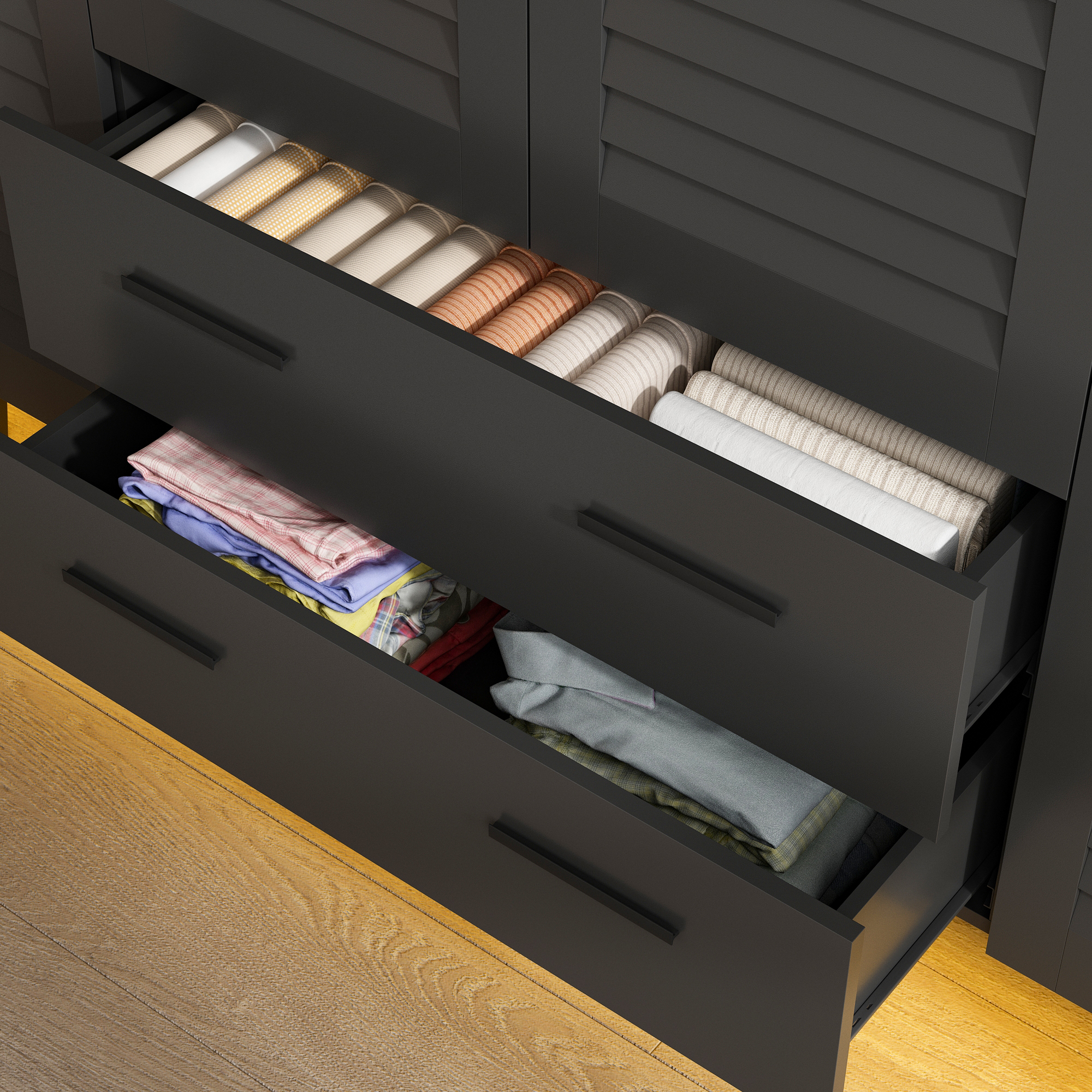 ANPOO Large 4 Doors Armoire Wardrobe Closet with LED Lights & Hanging Rods,70.9" Black Louver Door Wardrobe Armoire with 2 Drawers,LED Large Armoire Storage with Multi-Layer Shelves