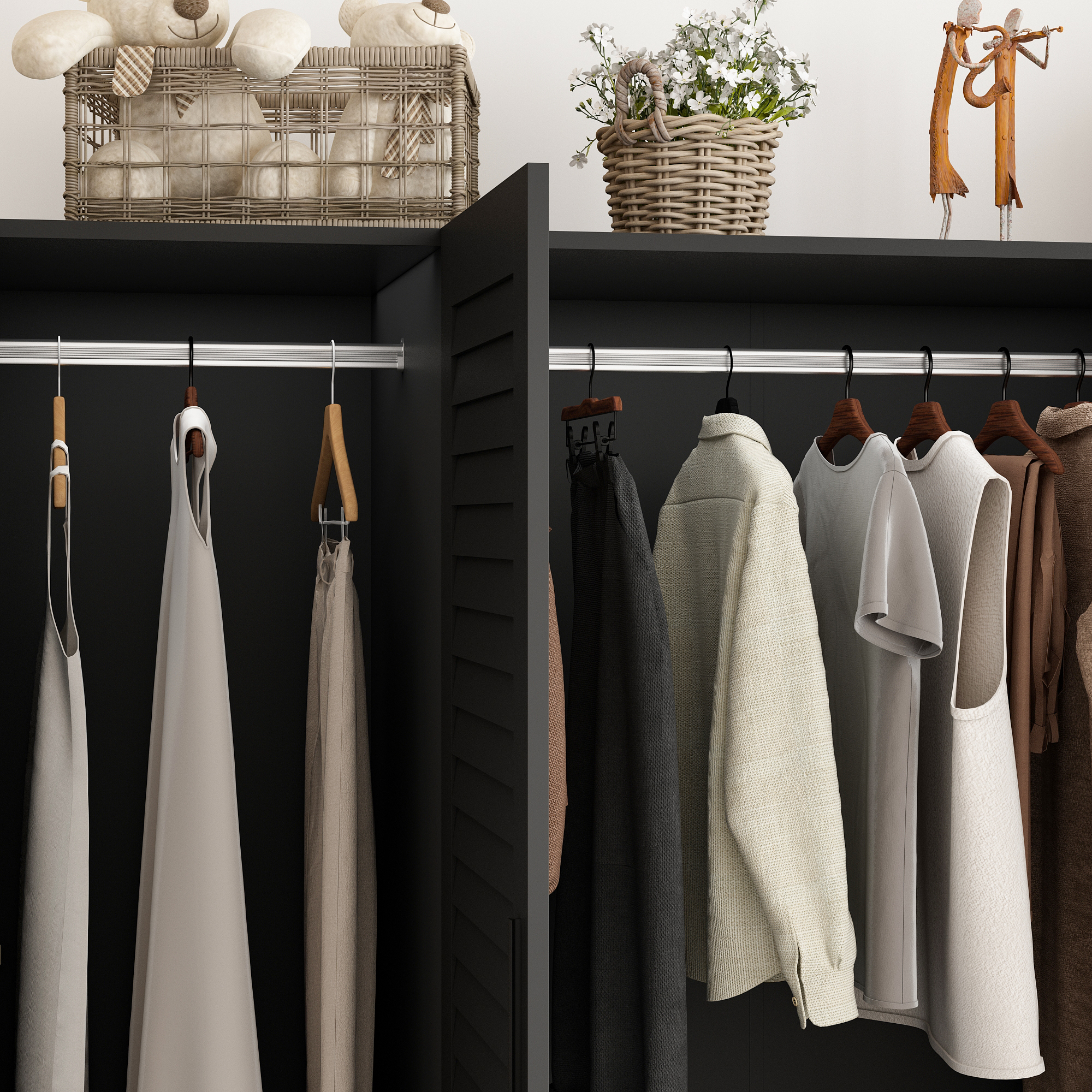 ANPOO Large 4 Doors Armoire Wardrobe Closet with LED Lights & Hanging Rods,70.9" Black Louver Door Wardrobe Armoire with 2 Drawers,LED Large Armoire Storage with Multi-Layer Shelves